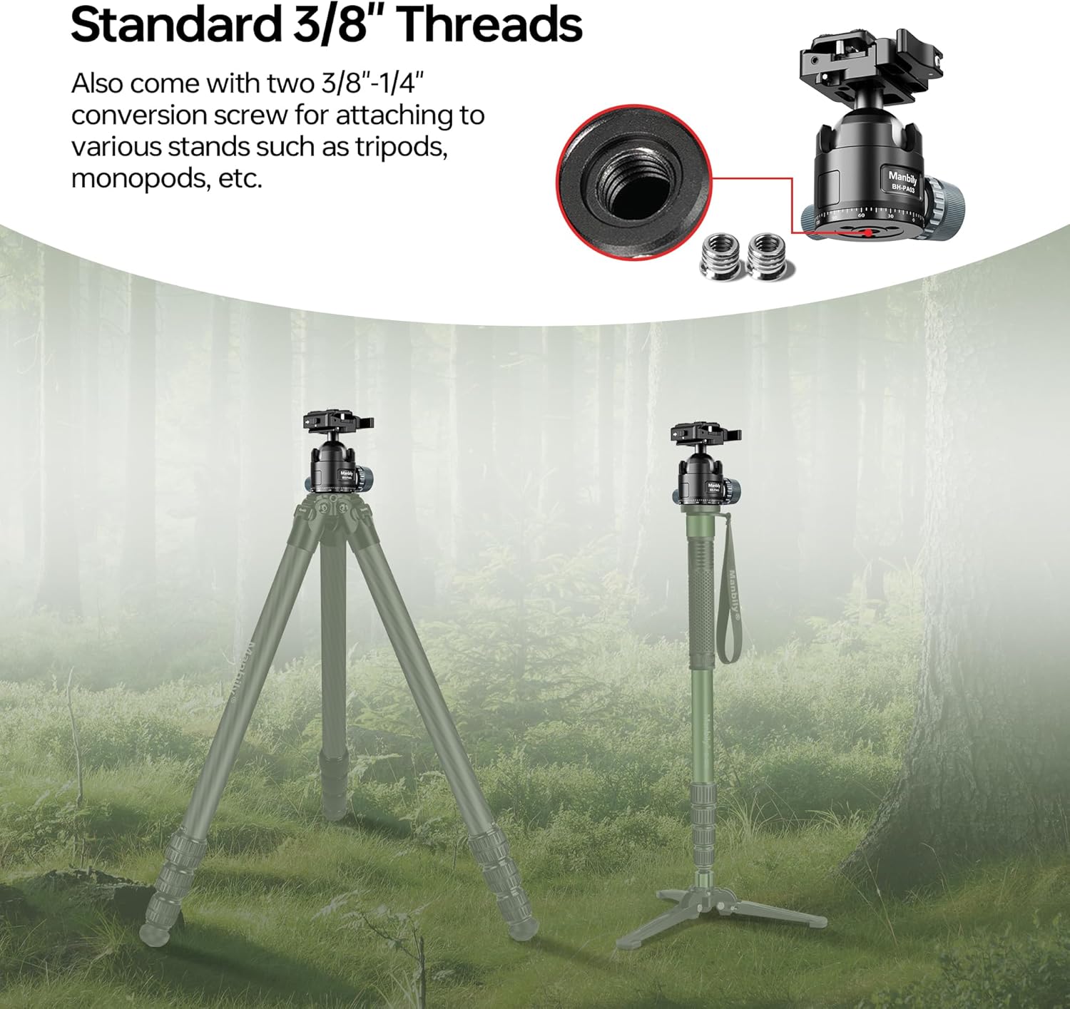 Manbily Low Profile Ball Head, 44mm Tripod Head with Picatinny to Arca-Swiss Adapter and 1/4" Quick Release Plate, CNC Aluminum 360° Head for Hunting Shooting Tripod DSLR Camera, Max Load 44lbs/20kg
