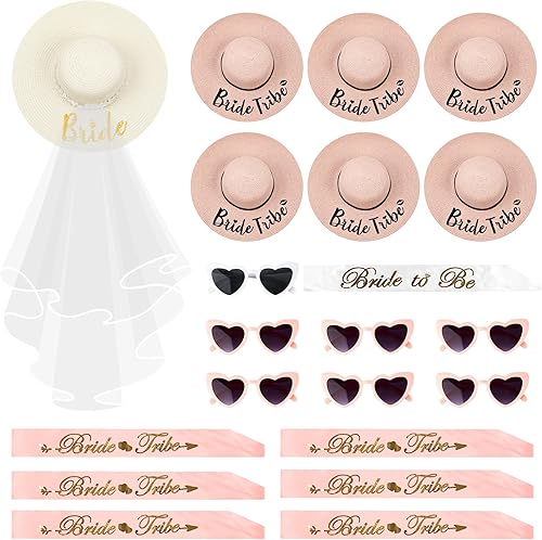 Miniatura 1 de Sombrero de sol para novia con velo de novia desmontable, sombreros de tribu para despedida de soltera, juegos de regalo de boda con fajas de sol