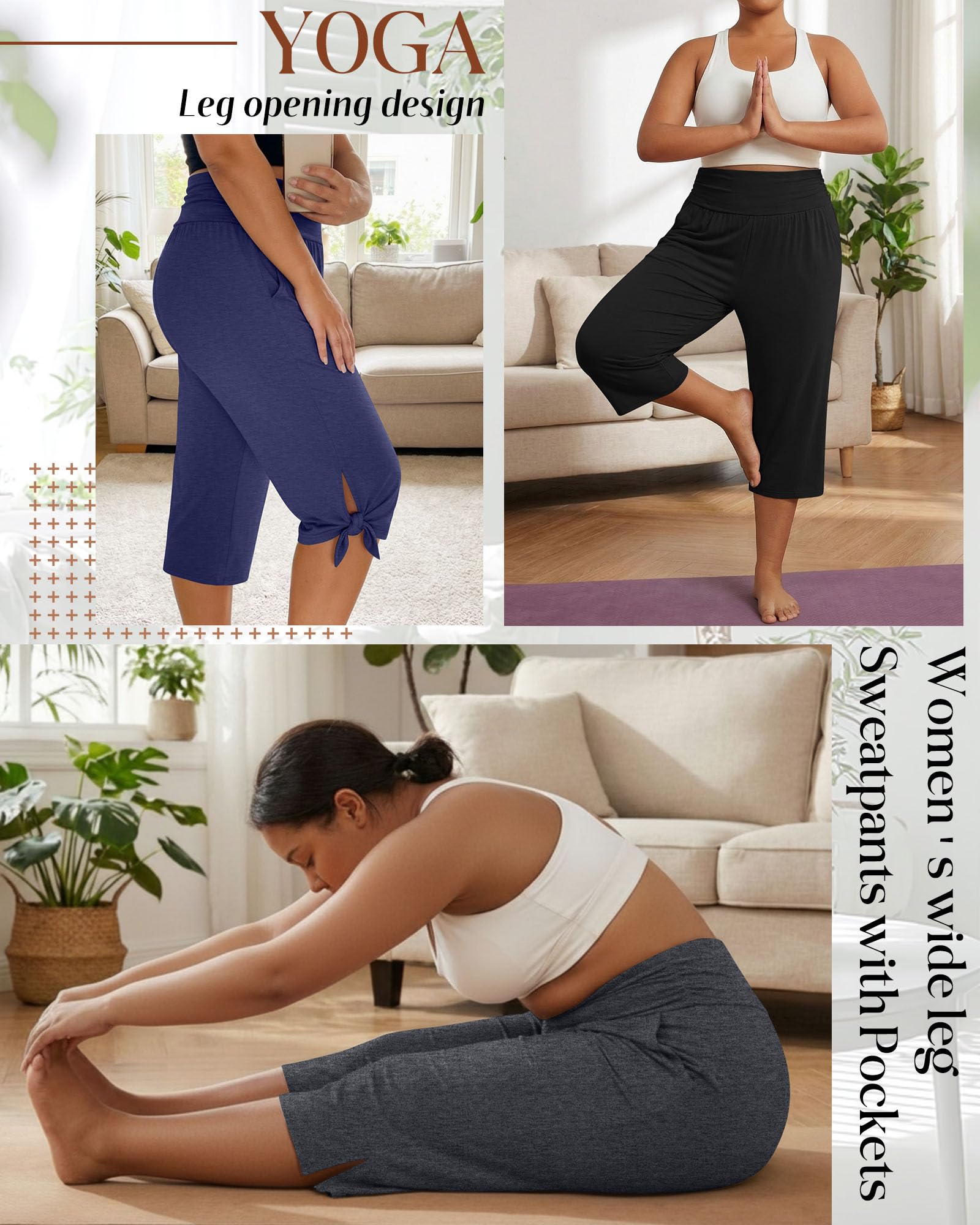 Neer Lot de 3 pantalons capri en coton taille haute pour femme avec poches