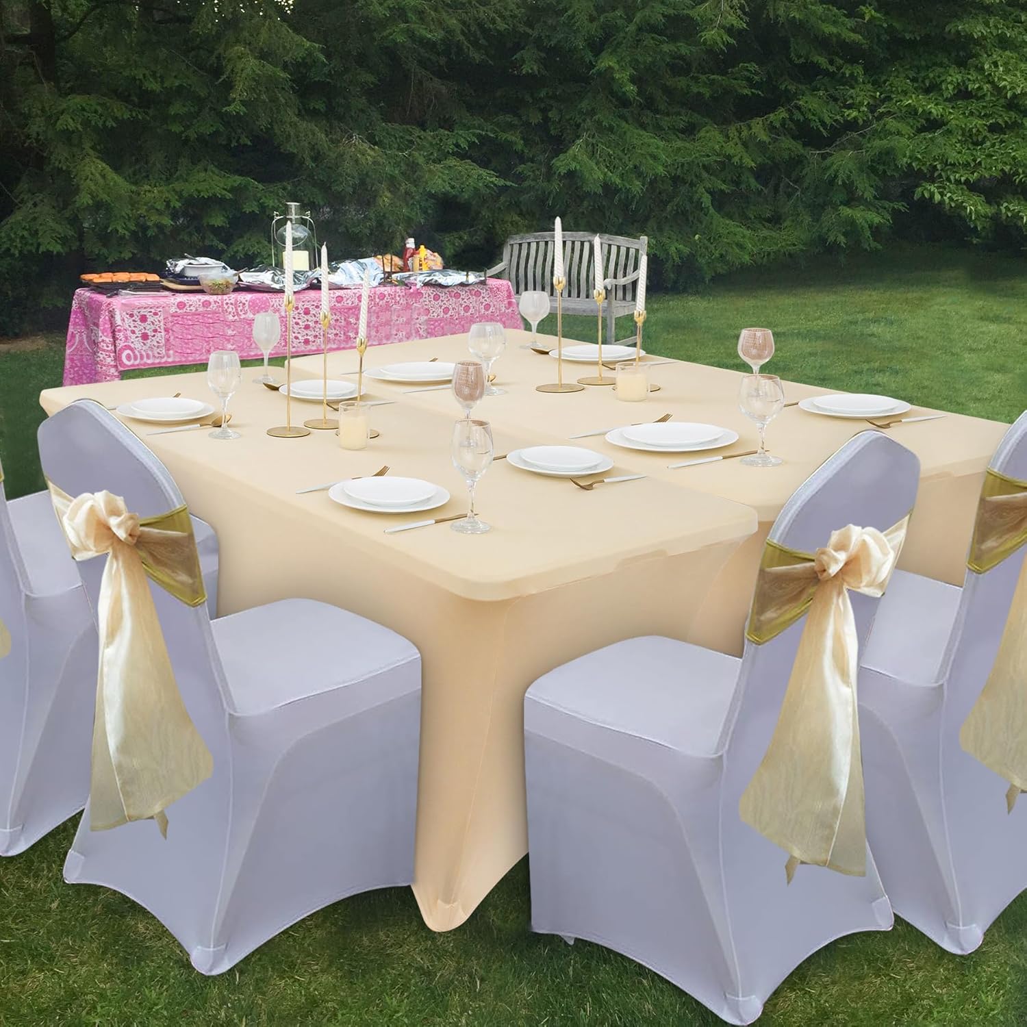 4 Pack Champagne Spandex Table Cloth for 6 foot Rectangle Folding Tables, Wrinkle Free Stretch Spandex Table Covers with Foot Pocket, Fitted 6 ft Tablecloths for Vendor Craft Display Birthday Party
