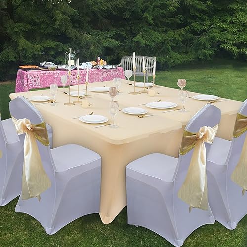 Miniatura 6 de Paquete de 4 manteles de elastano champán para mesas plegables rectangulares de 6 pies, fundas de mesa de elastano elástico sin arrugas con bolsillo