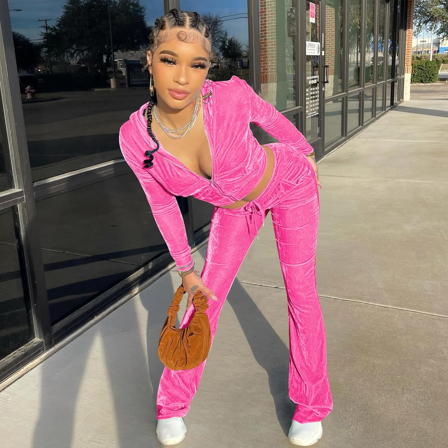 yidengymx Womens 2 Piece Velour Tracksuit Two Piece Outfits for Women Long Sleeve Zip Up Crop Tops Sweatpants Sets Pockets - Image 6