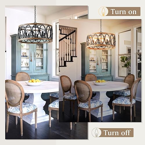 Miniatura 8 de Lámpara de araña antigua de granja para comedor, isla de cocina, 6 lámparas colgantes de tambor, lámparas colgantes redondas de metal negro y