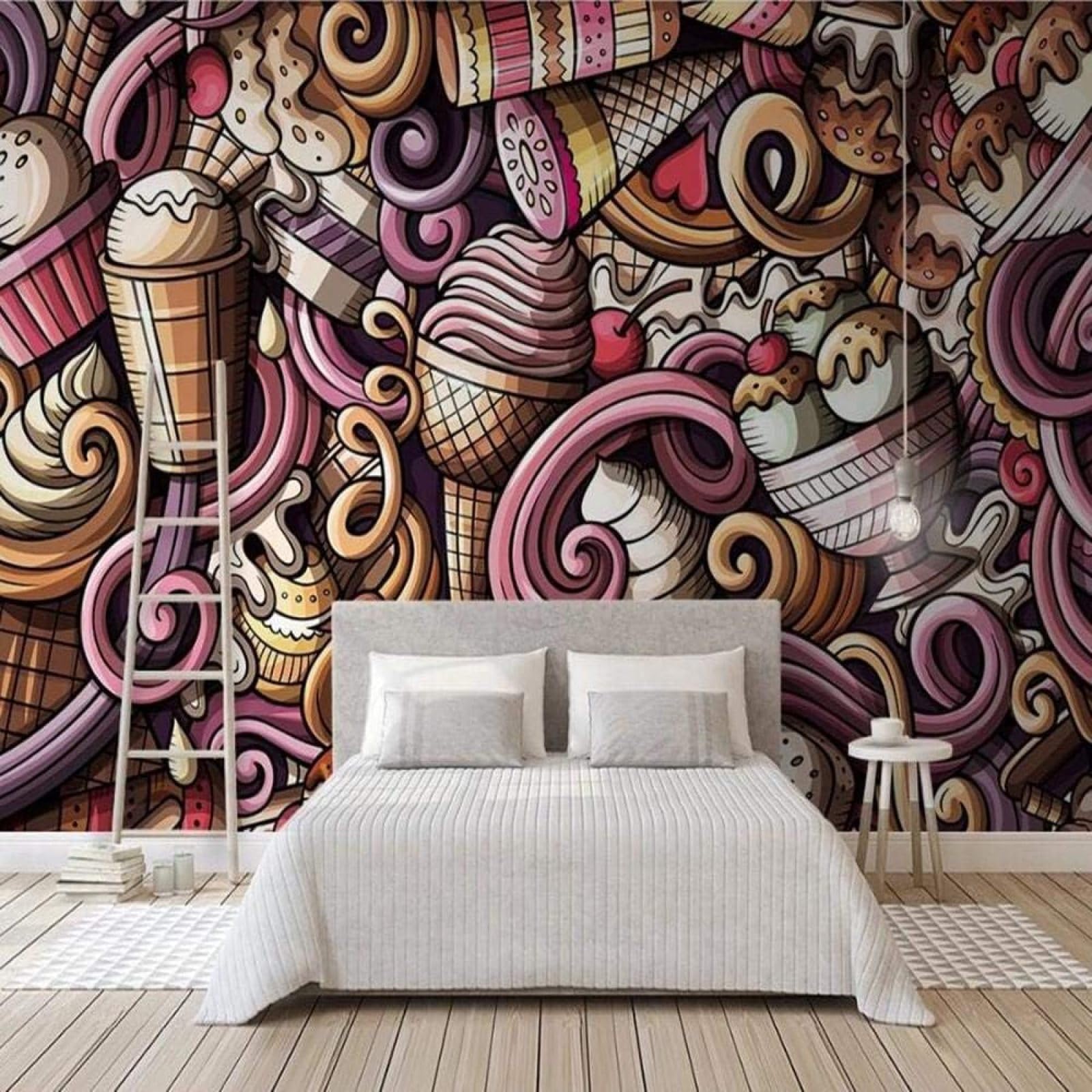 Papel pintado 3D lavable de helado graffiti para renovar paredes dañadas de salones y cocinas