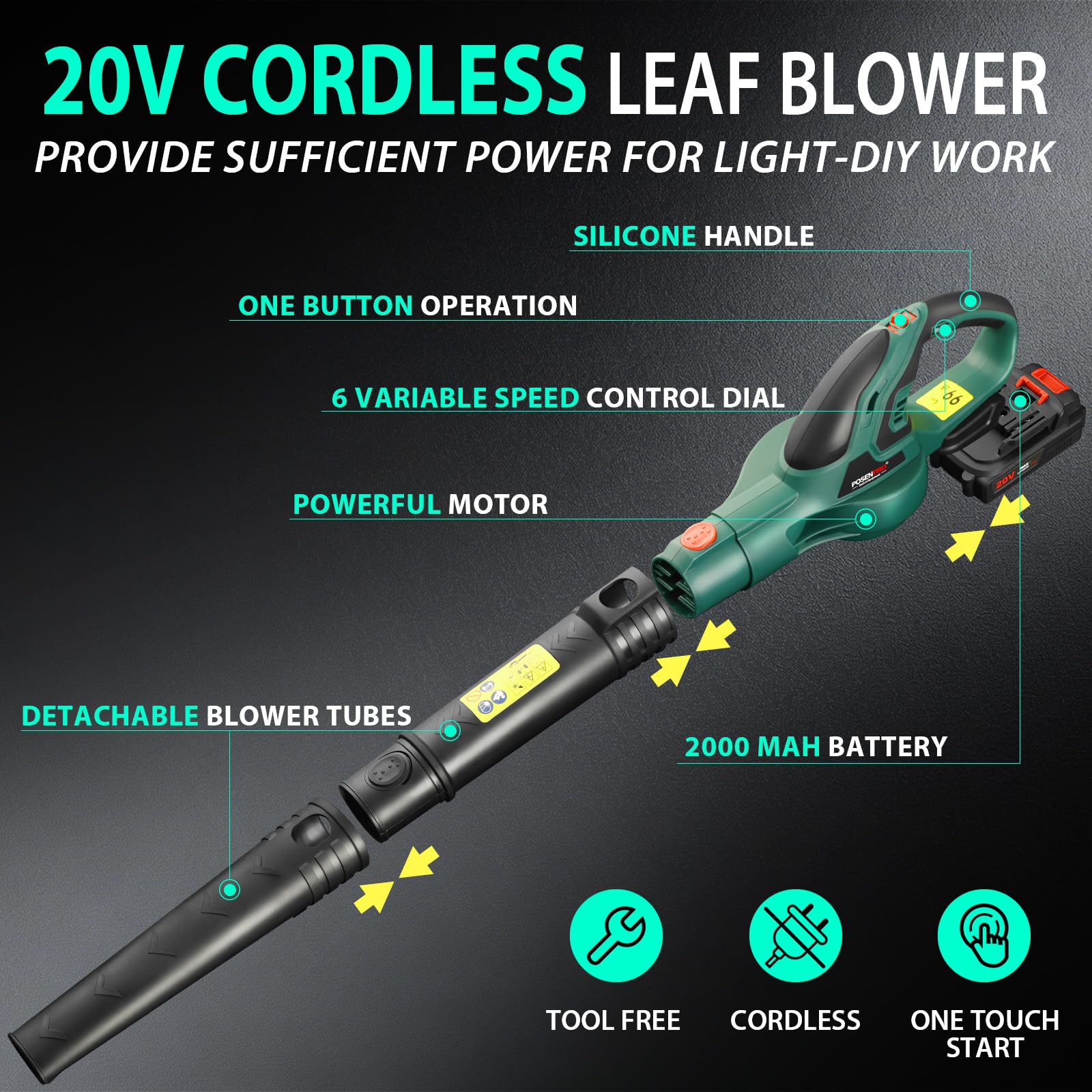 POSENPRO Souffleur de Feuilles sans Fil, Souffleur Batterie 20V