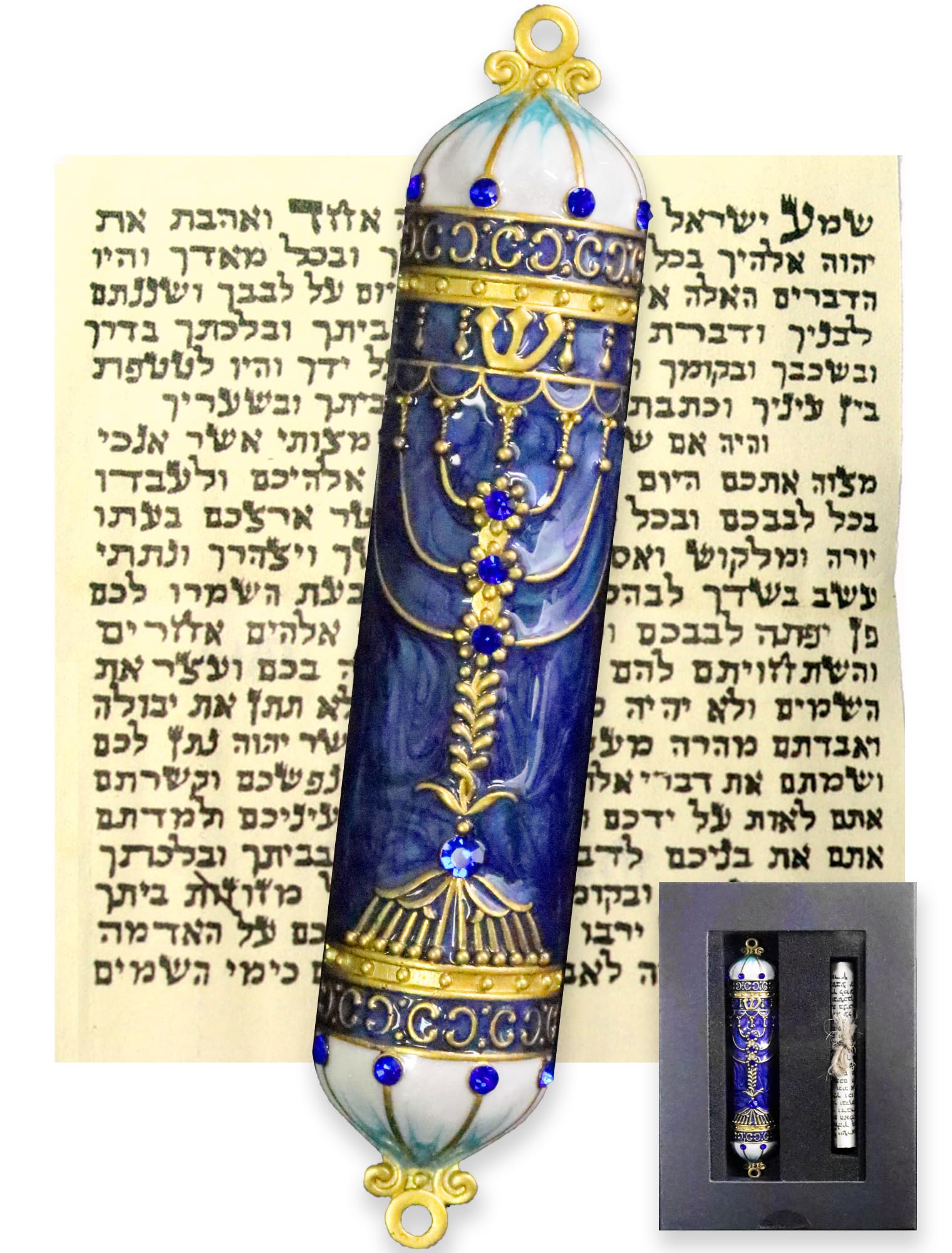 Zivosely Exquisite Enamel Design Mezuzah with Scroll, Easy Install Use Double-Sided Tape, Royal Blue Mezuzah for Door with Crystal Diamond Accent for Any Memorable Jewish Occasions, 3.8”
