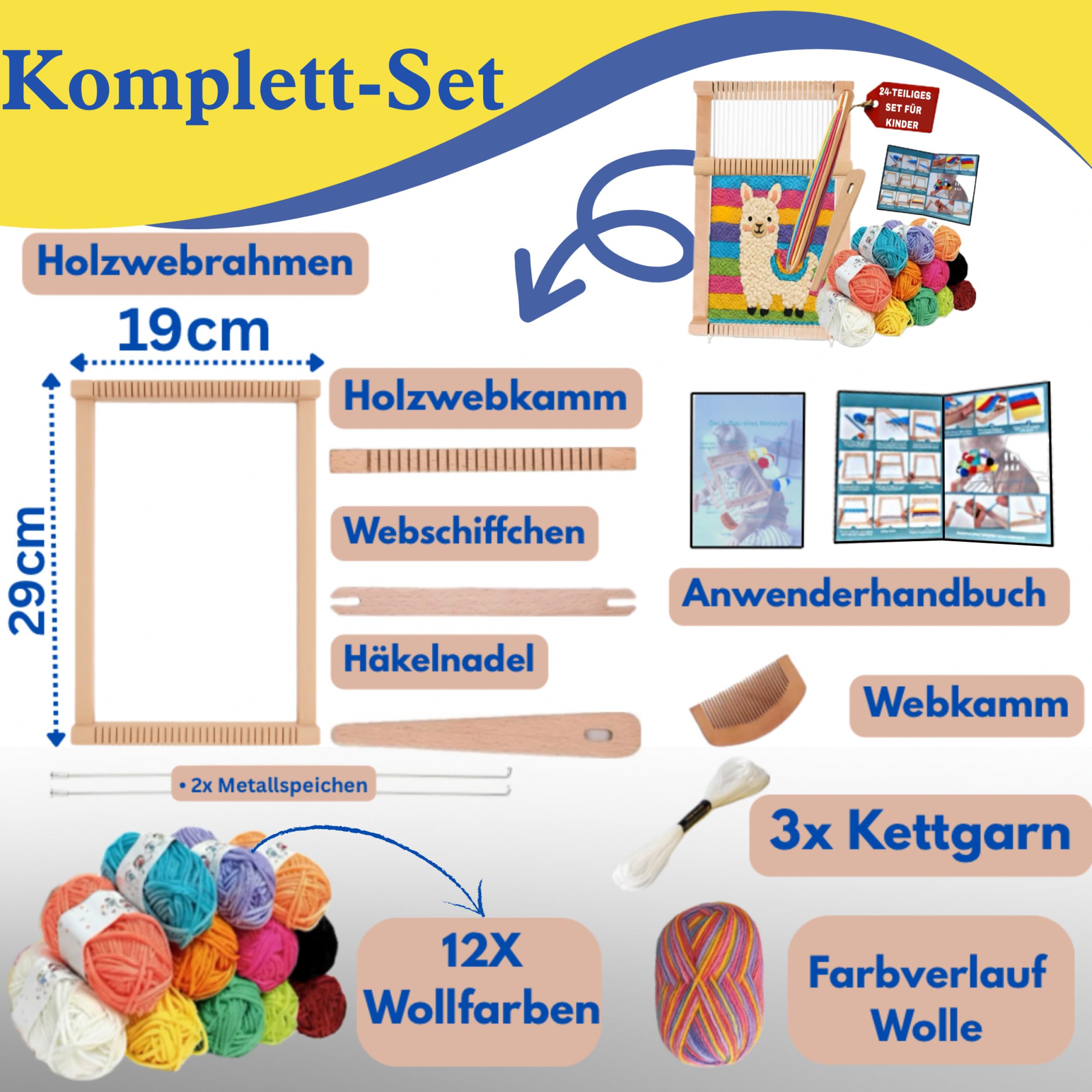ZENOMORI Premium Webrahmen für Kinder ab 4 Jahre zum Weben und Stricken -DIY Holz Webstuhl Kreatives-Bastelset 29x19cm mit farbiger Wolle Schulwebrahmen für Anfänger und Schüler