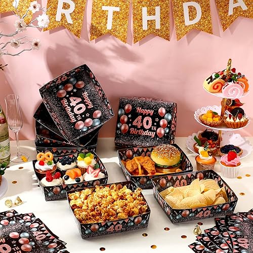 Miniatura 2 de 50 bandejas de papel color oro rosa y negro para fiesta de 40 cumpleaños, suministros para fiesta de cumpleaños de 40 libras, bandejas desechables