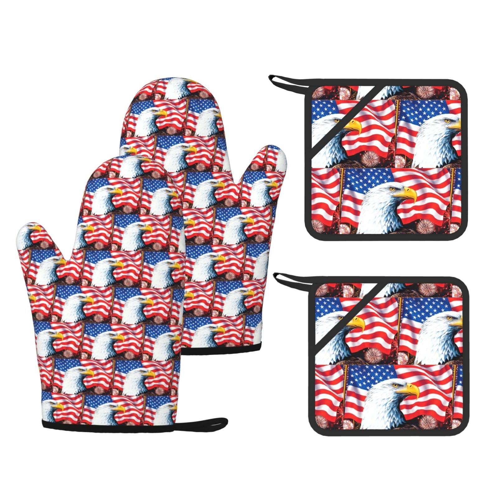 Bald eagle Printed Potholder and Oven Mitt Set of 4, High Heat Resistant Cooking Gloves for BBQ Grilling