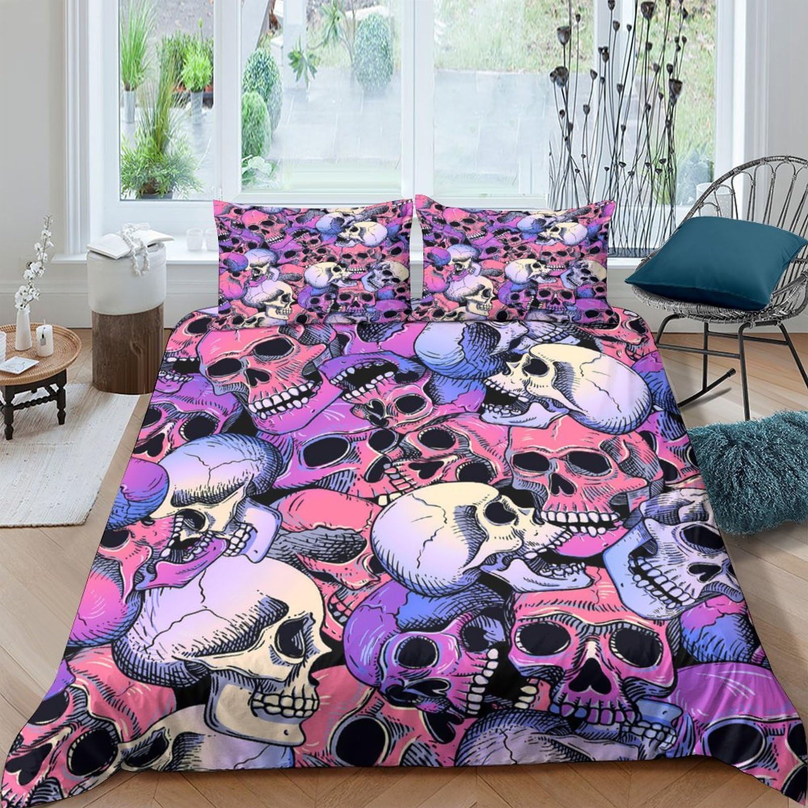 Ctjqhvkz Style-3 3D Printed Purple Skull Fitted Sheet Microfiber Soft Breathable Gothic Skull Bed Cover For Bedroom Guest Room Decor Single（135X200cm）