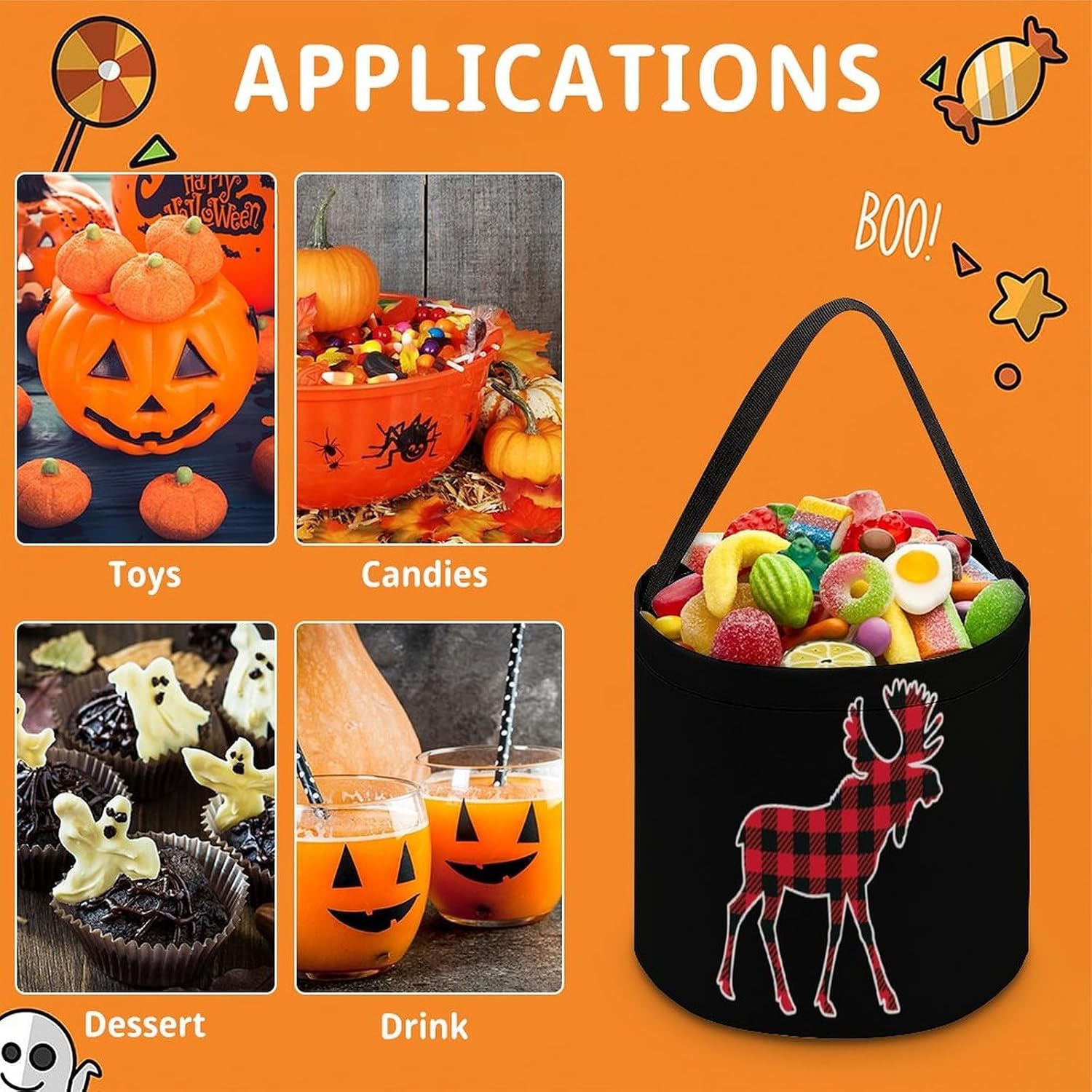 Moose Buffalo Plaid Halloween Treat Bag Reusable Candy Basket Tote Goody Bags Gift Party