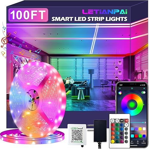 100ft Led Strip Lights,Long Smart Led Light Strips Music Sync 5050 RGB Color Changing Rope Lights,Bluetooth APP/IR Remote/Switch Box Control Led Lights for Bedroom,Home Decoration,Party,Festival