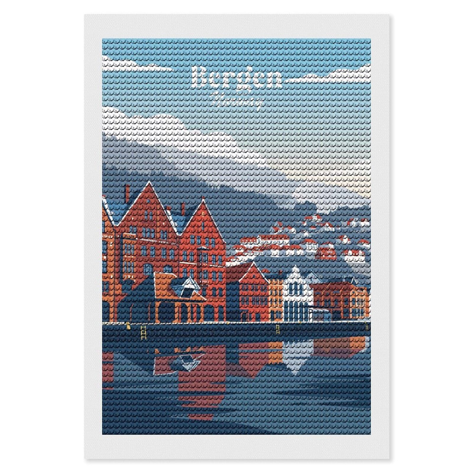 Junmoney Bergen Norway DIY Diamond Art Canvas Kit 8"x12", for Teens, Finish and Display, Holiday Gift Idea, Vintage Style Decor