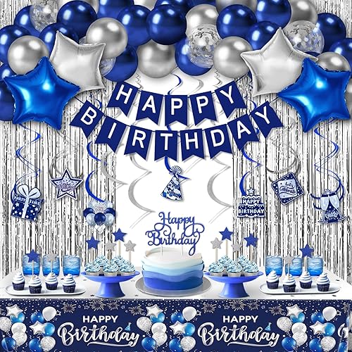 Miniatura 1 de Decoraciones de cumpleaños azul marino y plateado para hombres, decoraciones de cumpleaños para niños que contienen pancarta de feliz cumpleaños,