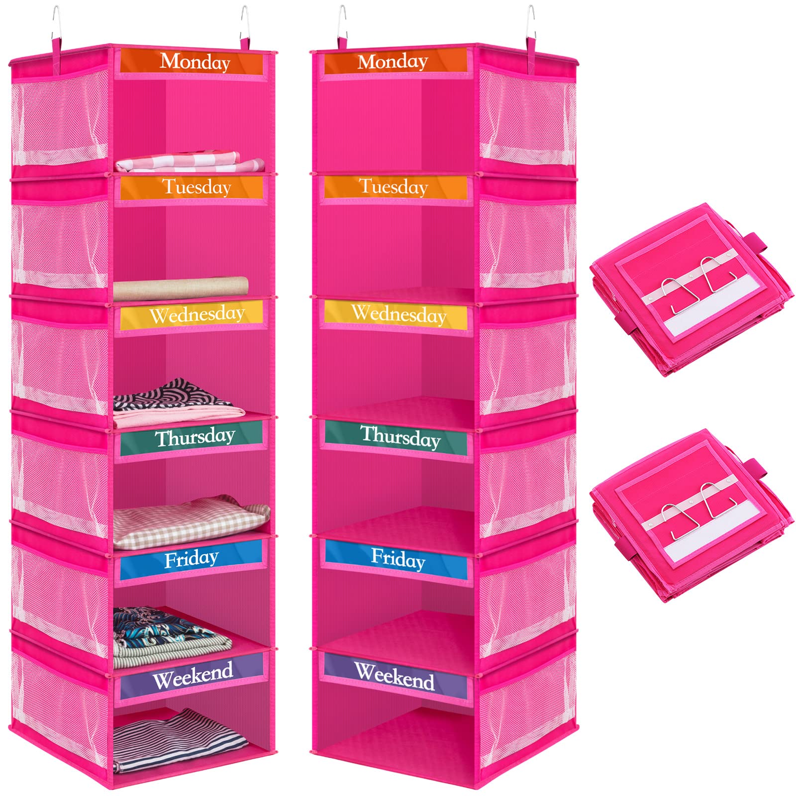 Amylove 2 Pack 6 Shelf Weekly Clothes Organizer for Kids with Side Pocket, 47 Inch Days of The Week Clothes Organizer, Monday to Friday Daily School