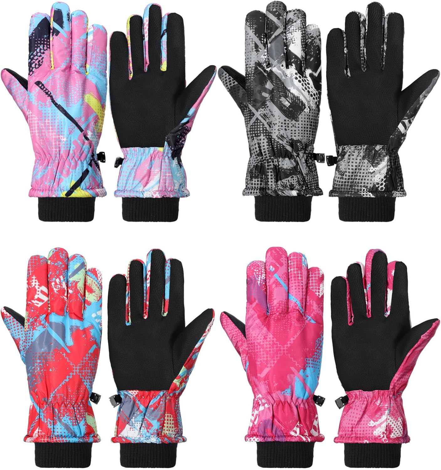 Fourluoo 4 Pair Mens Winter Ski Gloves Women Warm Waterproof Snow Gloves Adjustable Non Slip Mittens for Cold Weather