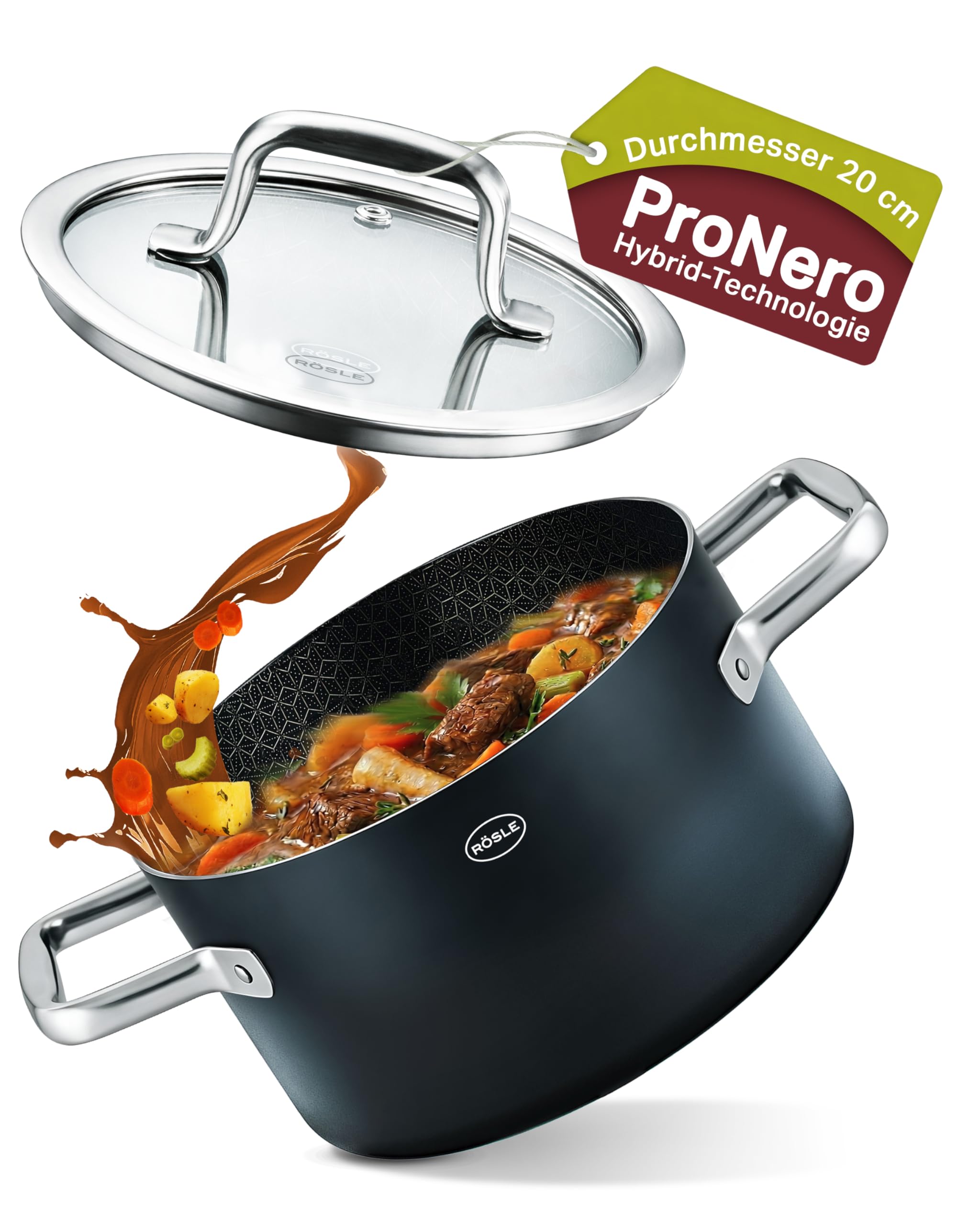 RÖSLE EBONIC Kochtopf 20 cm Induktion – Topf 20cm mit Deckel – ProNero Keramik Antihaftbeschichtung mit Edelstahl-Wabenstruktur – PFAS-frei – 3-Schicht Mehrschichtmaterial – für alle Herdarten
