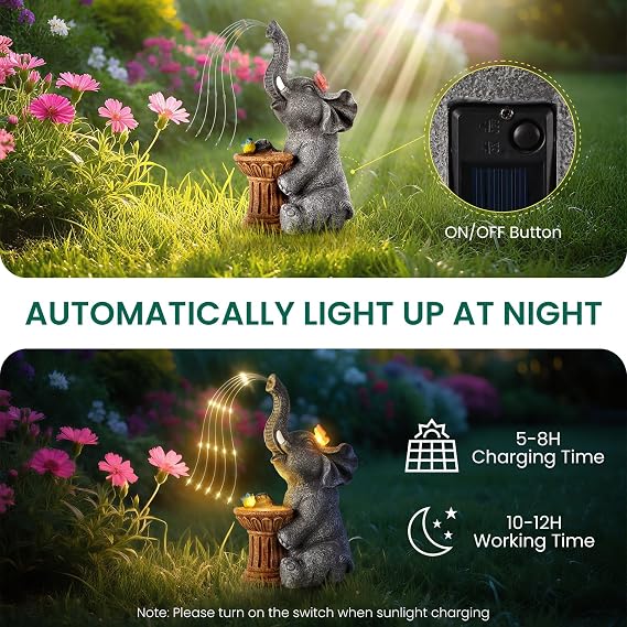 Elephant Statue Garden Ornaments Outdoor with LED, Decor Gifts for Women