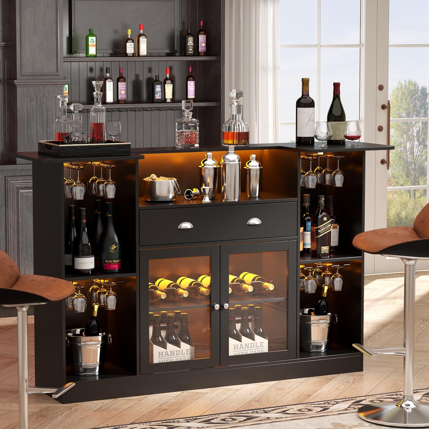 Loomie Bar Table Cabinet with LED & Drawer, Mini Liquor Bar with 8-Tier Storage & Stemware Holder, Wine Alcohol Bar Stand with Glass Door & Adjustable Wine Rack, Crescent Shaped Counter for Home Pub