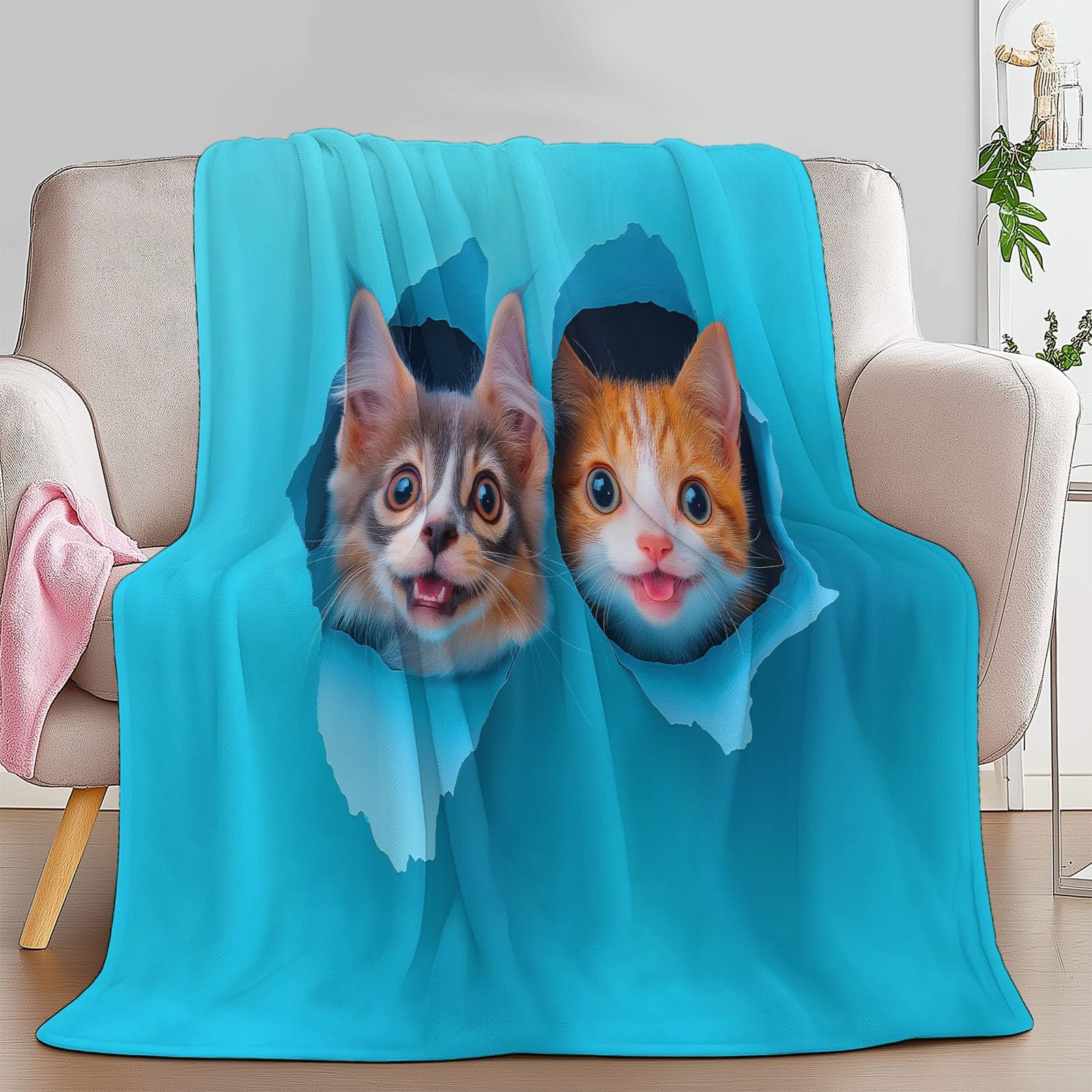 Koc polarowy z mikrofibry 220 x 240 cm, zwierzęta koty i psy dla graczy 3D, miękki nadruk, pluszowy koc, odpowiedni dla dorosłych i dzieci, kemping, niebieski