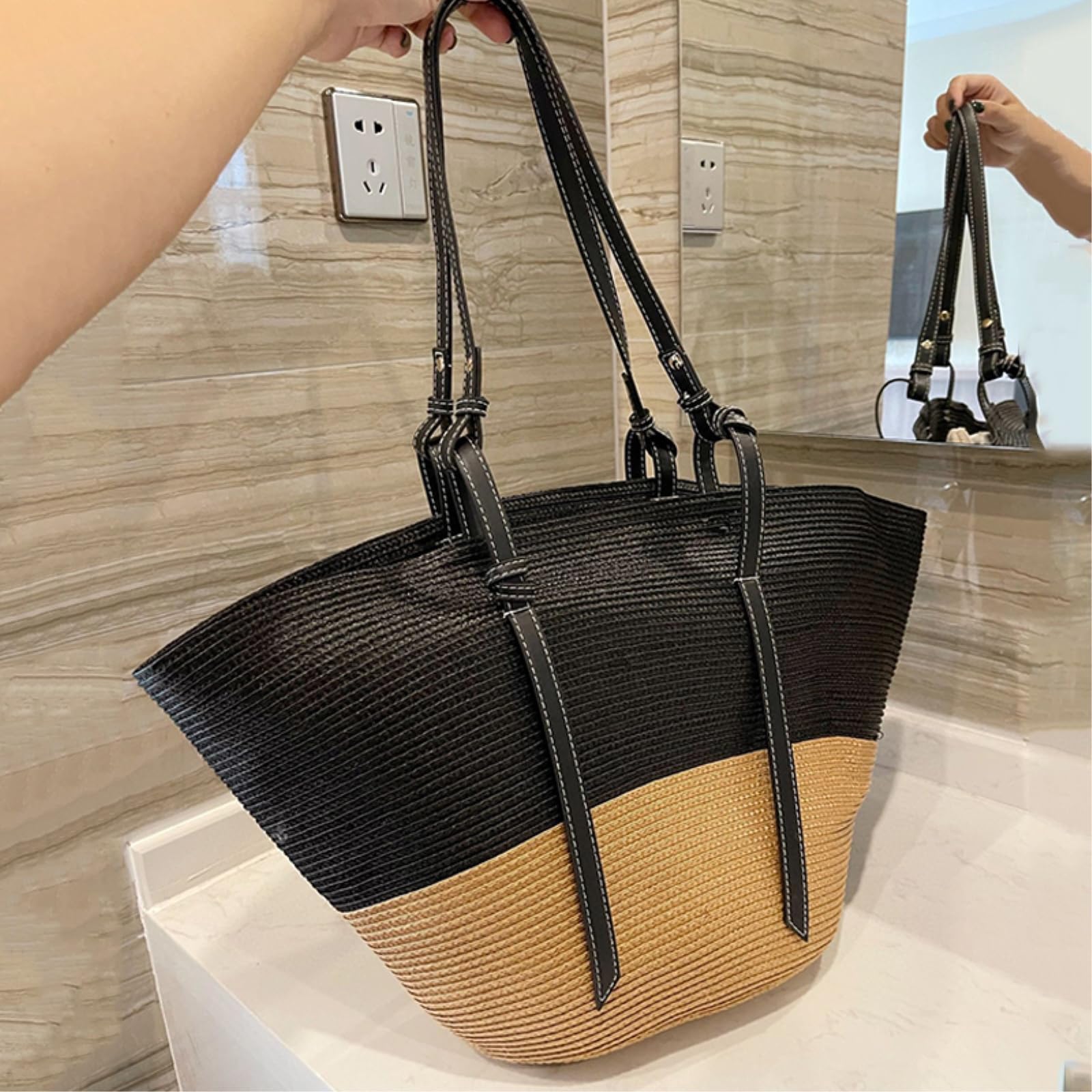 Borsa di Paglia Donna per Lo Shopping Spiaggia Grande capacità, A Tracolla in Rattan Designer, Fatta Mano delle Donne-Khaki