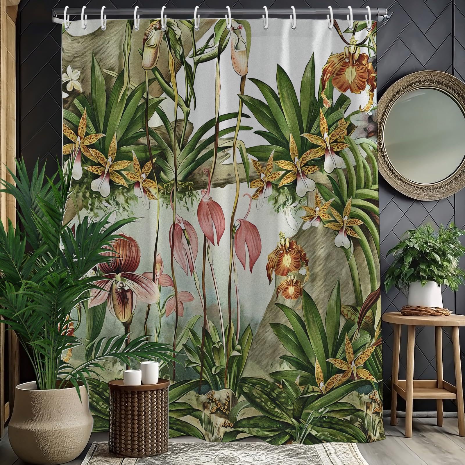 UIYIUI Tropical Flamingo Shower Curtain 72x72in/183x183cm Botanical Floral Whimsical Bird Design Bathroom Decor, Plant Leaves Rustic Green Cloth Fabric Bathtub Curtain for Hotel Dorm