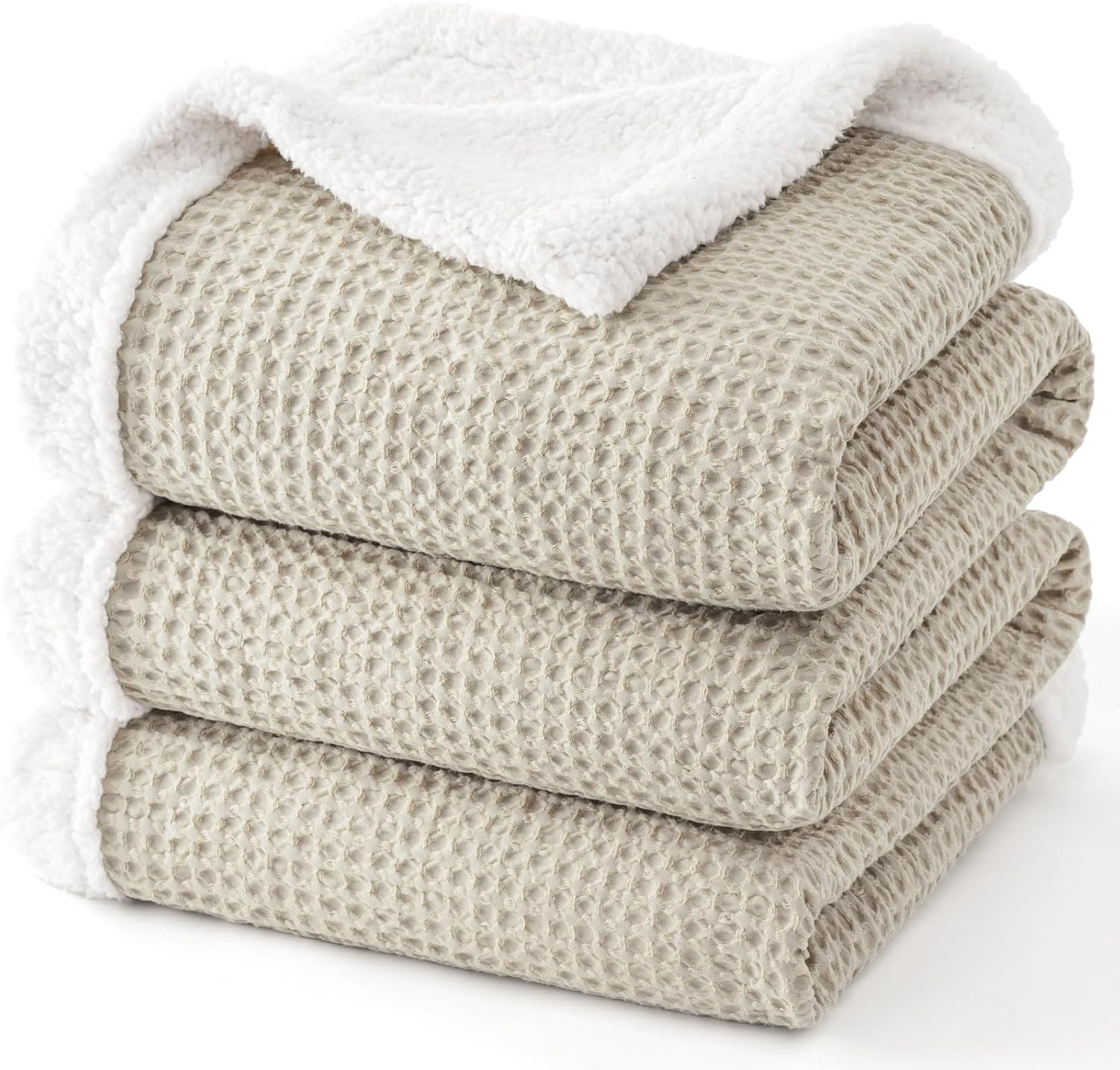 PHF Waffle Sherpa Blanket Queen Size, 90x90 Inches Luxury Plush Flannel Fleece Blanket for Winter, No Shed No Pilling, Cozy Soft & Reversible Waffle Weave Bedding for Home Decor, Light Taupe