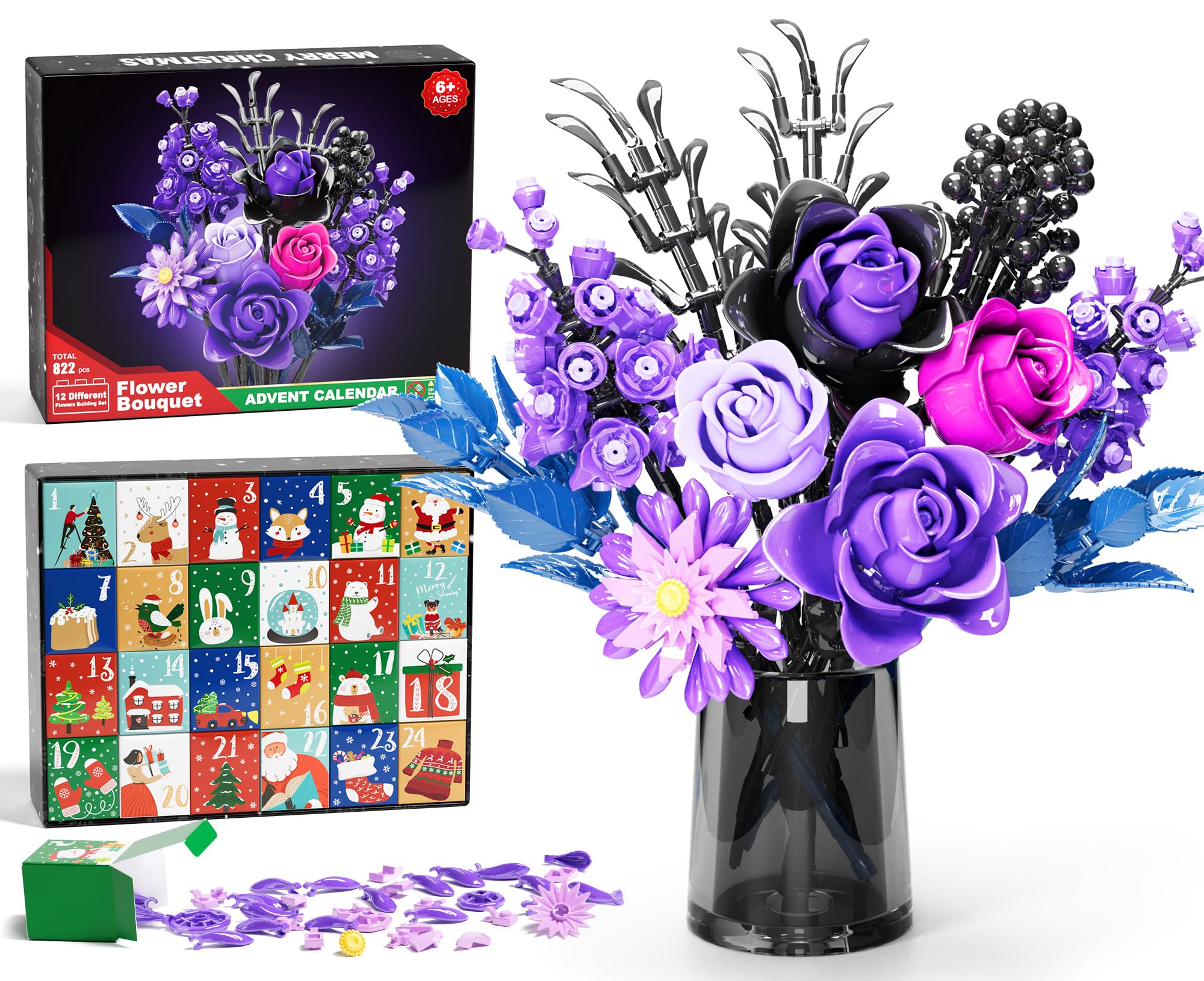 Partylamb Flower Advent Calendar 2026, 24 Days Rose Bouquet Building Blocks | 822 PCS Flo…
