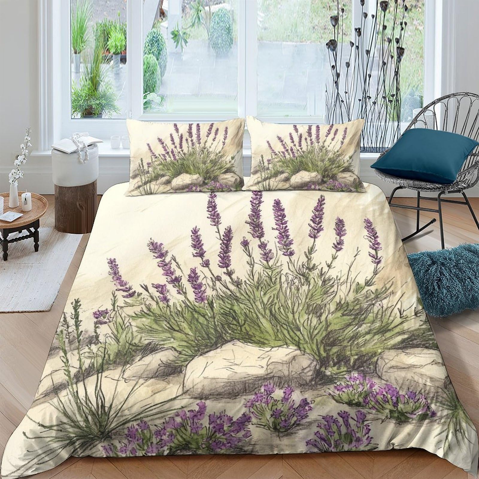 Ctjqhvkz Style-2 3D Printed Lavender Meadow Fitted Sheet Microfiber Soft Anti-Slip Bed Cover Bedroom Guest Room Decor Easy Care Single（135X200cm）