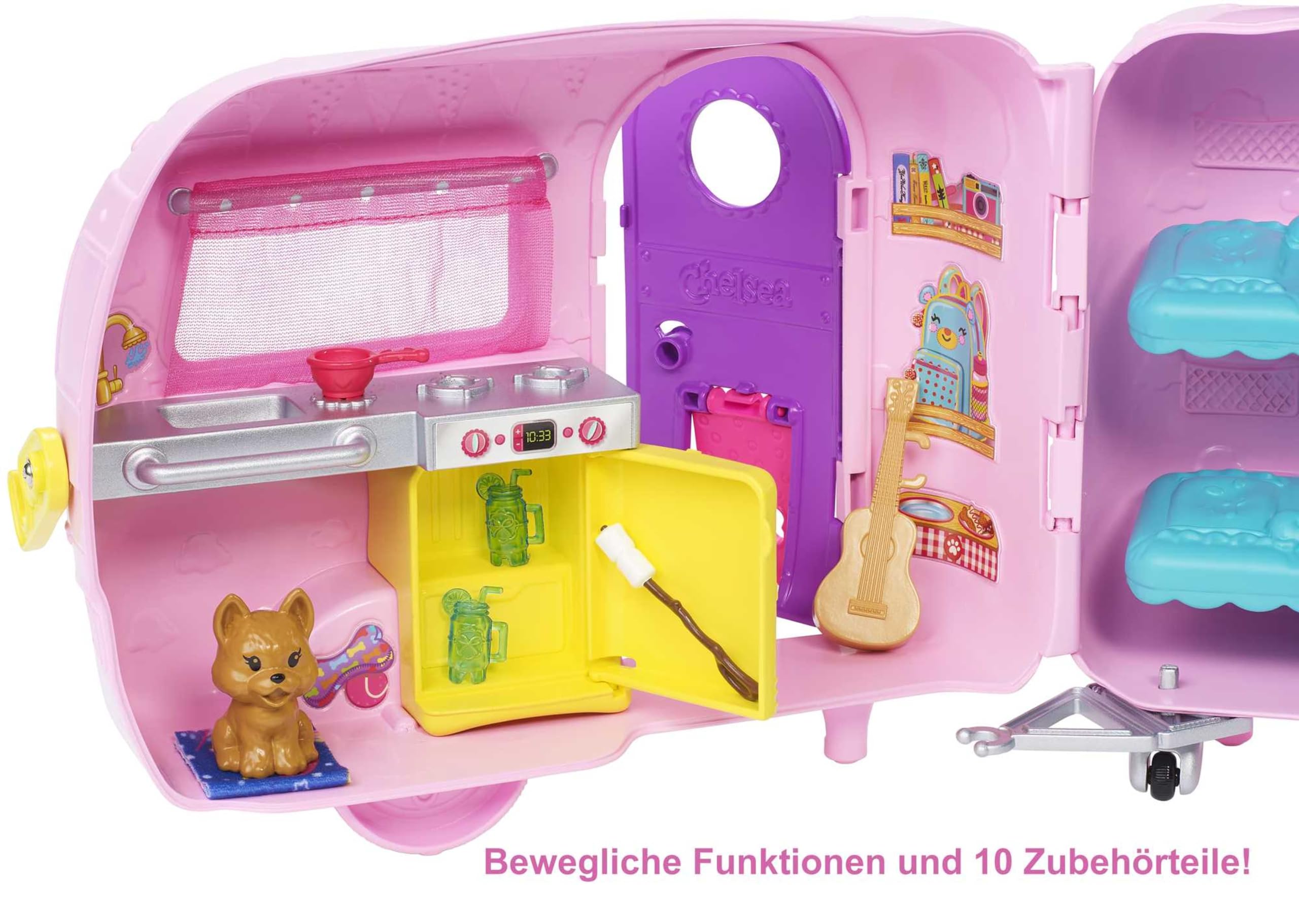 Barbie Chelsea Serie, Chelsea Auto und Camper Set mit 10+ Barbie Camping Accessoires, 1x Chelsea Puppe, Teal Auto und Pink Mini Camper, Geschenke für Kinder ab 3 Jahren,FXG90