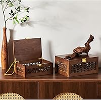 Vista 6 de Decorative Rattan Storage Boxes Solid Wood Woven Baskets Bins with Lid Keepsake Memory Jewelry Box Natural Boho Shelf Wicker Closet Desk Organizer