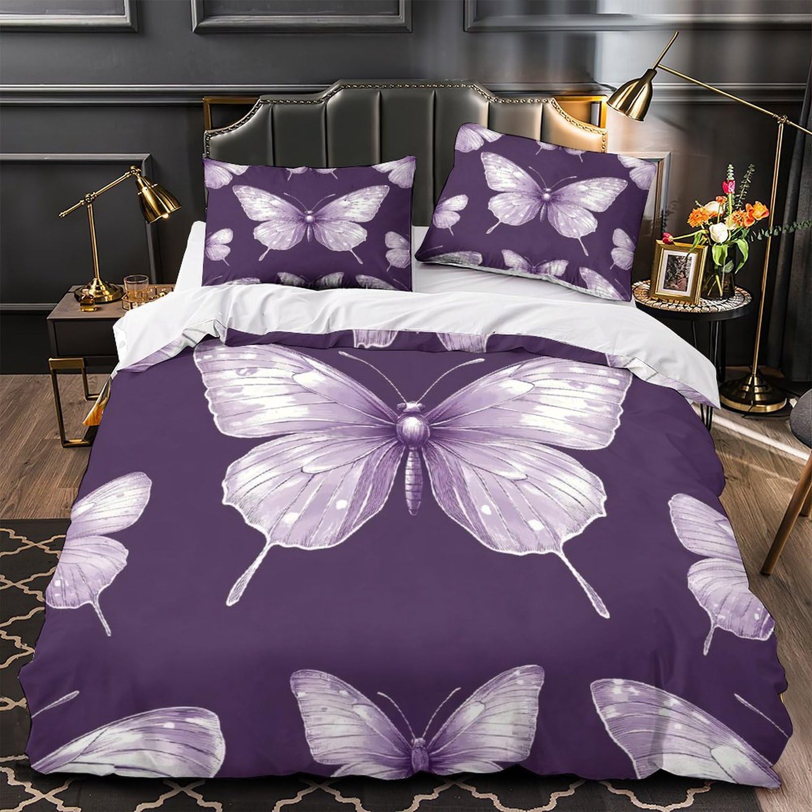 Parure housse de couette papillon violet 200x200 microfibre lavable machine