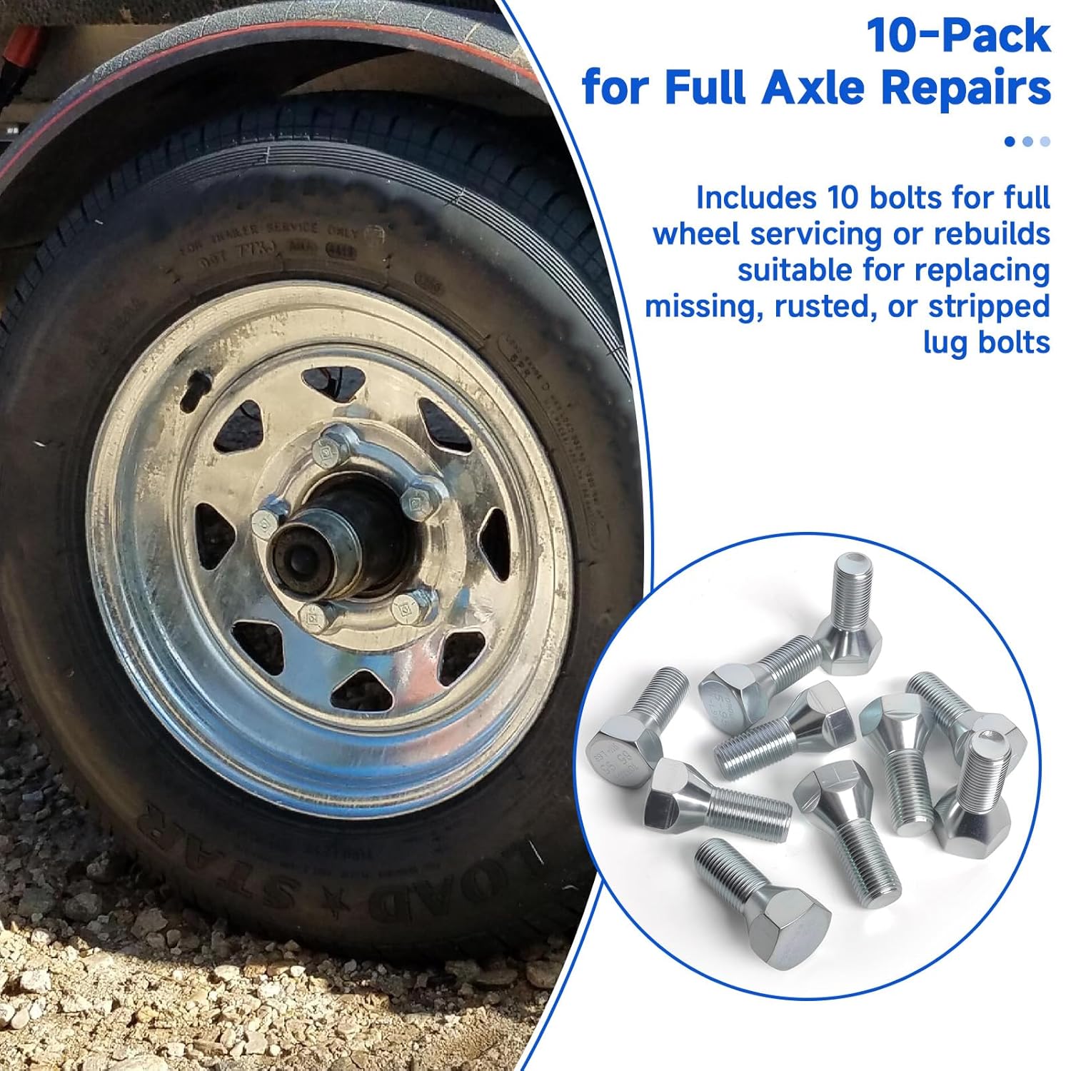 (10-Pack) for 11062A Trailer Wheel Bolts 1/2"-20 x 1-5/8" Zinc-Plated Lug Bolts Durable Hardware Suitable for Marine, Utility, and Boat Trailers Compatible with Most Common Trailer Hubs
