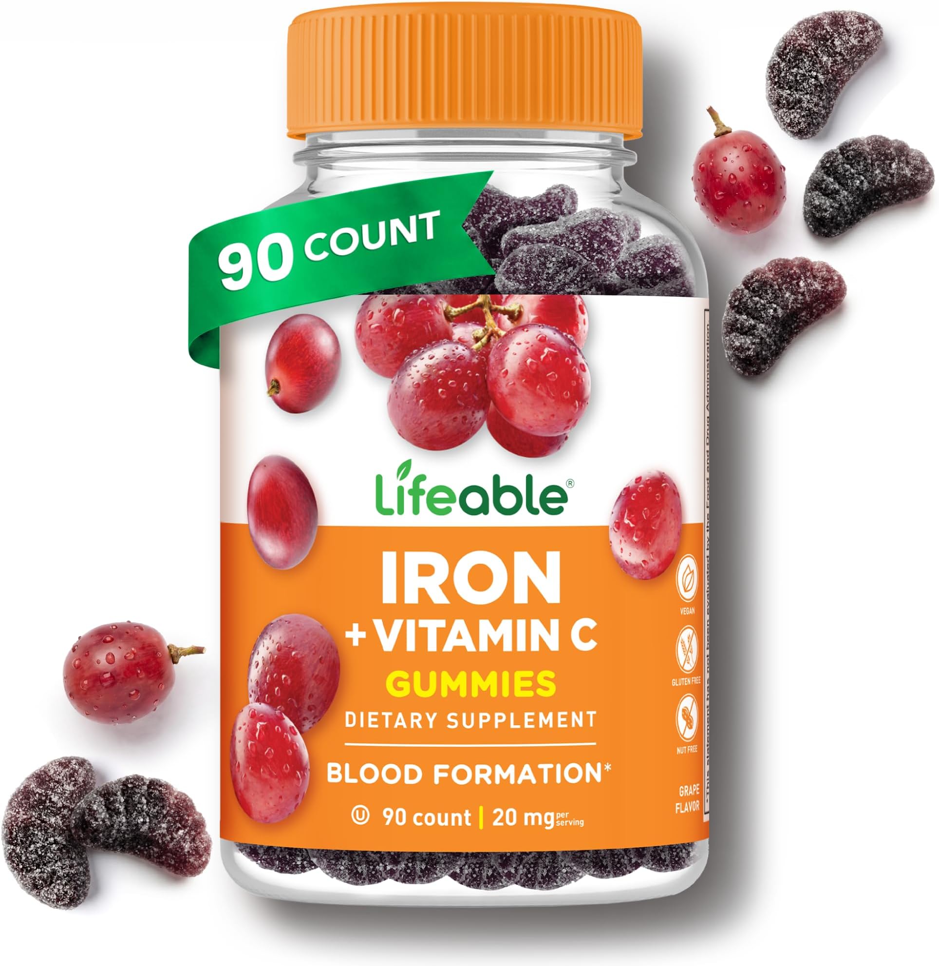 Lifeable Iron Gummies for Women and Men, 20 mg with Vitamin C, Vegan, 90 Ct | Supports Healthy Blood Formation and Energy - Kosher and Halal Certified, Third Party Lab Tested, Pectin Based, No Gelatin