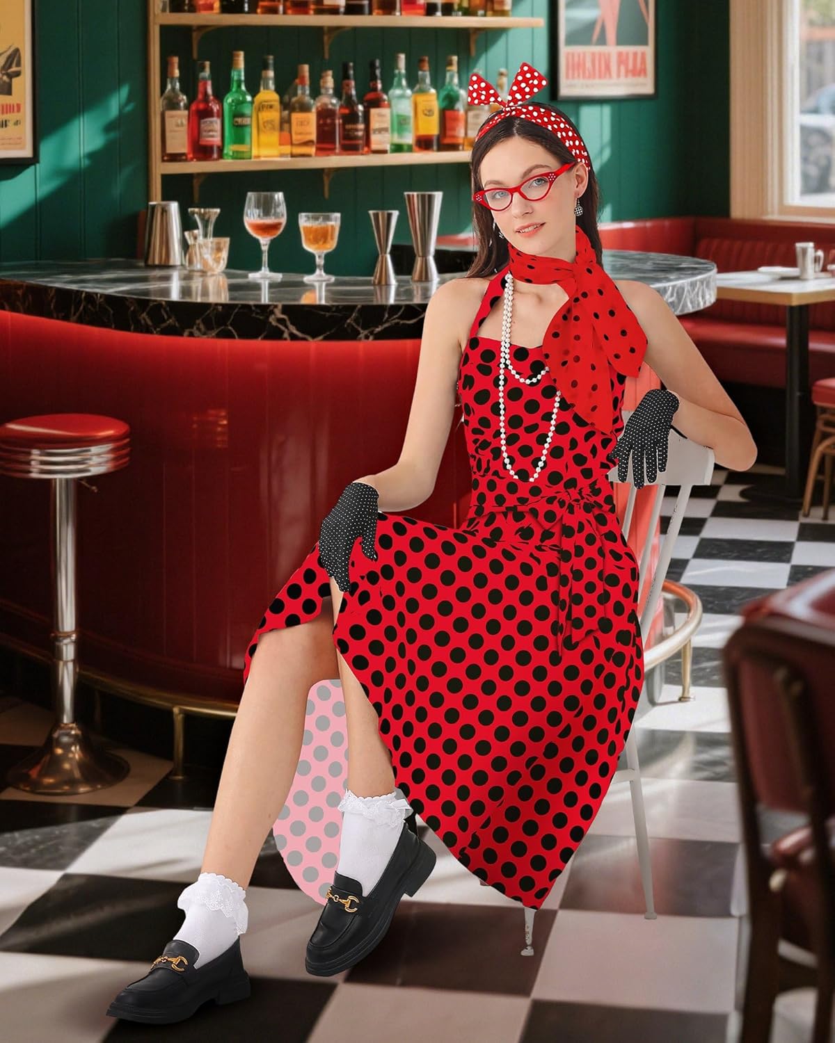 Women's 1950s Polka Dress Set Audrey Vintage-Inspired Cocktail Halter Swing Dress with Accessories 10PCS - Image 3