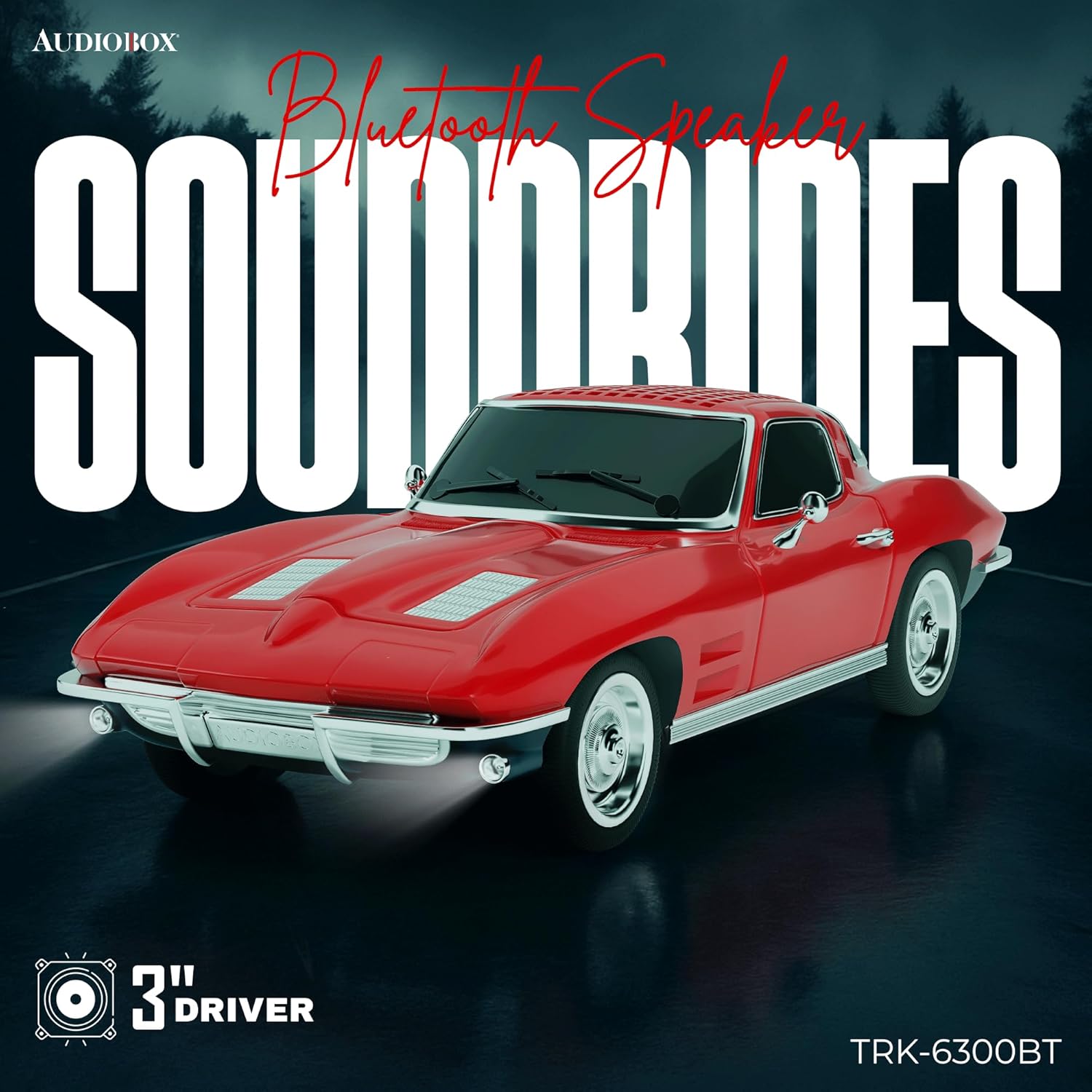 Audiobox Bluetooth Car Speaker – Retro 1960s-Inspired Sports Car Portable Speaker with Moving Wheels, LED Headlights & Taillights, FM Radio, USB, TF, AUX Inputs, WaveSync Tech & Rechargeable Battery