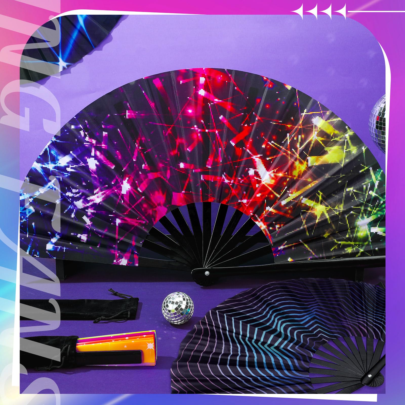 FairySandy Set di 15 grandi ventagli pieghevoli con costole di bambù e case Craft Rave Fans Rainbow Hand Fan per Drag Queen Dance Music Festival Party Performance e regali, 15 stili, 63,5 cm