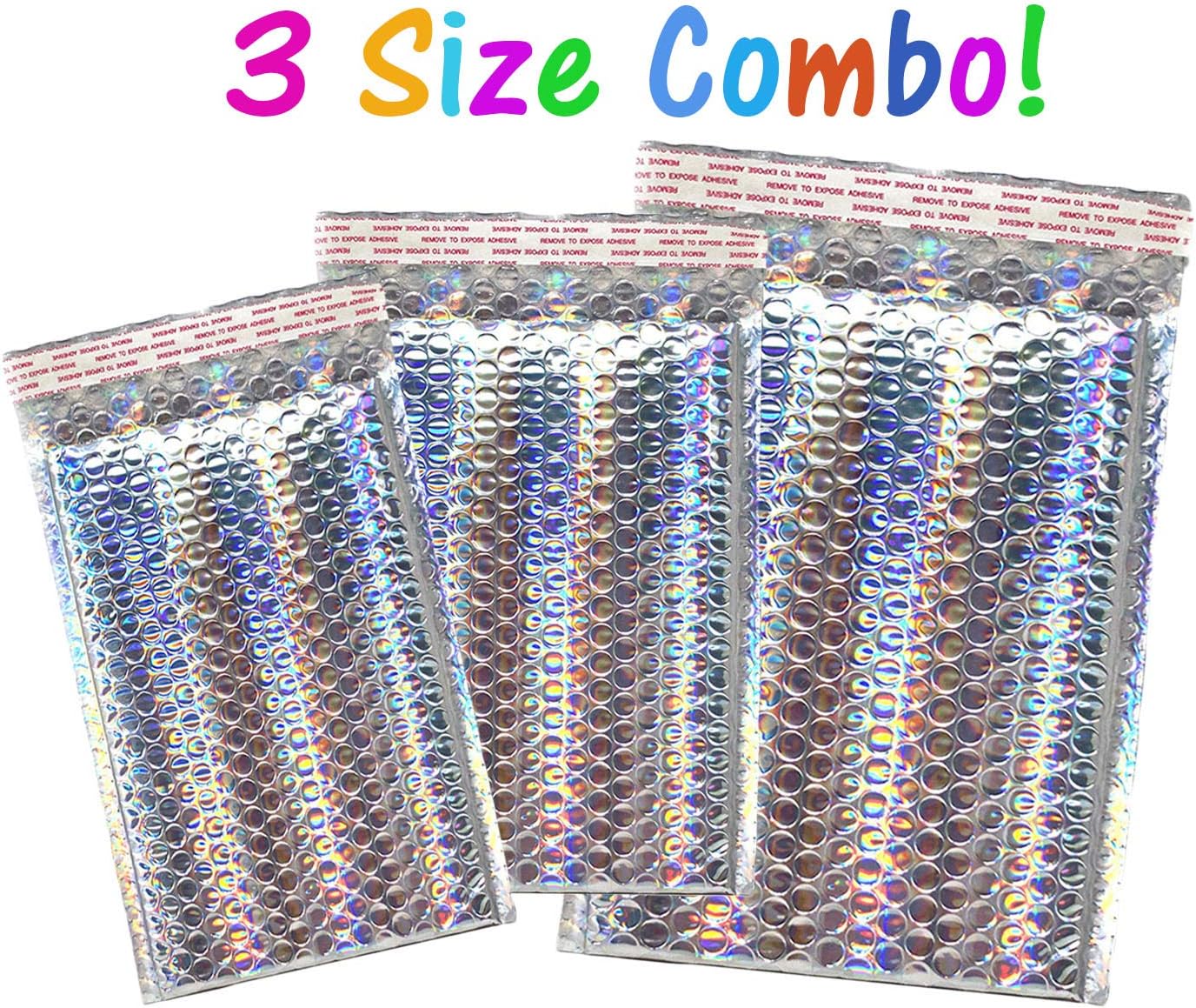 5x9, 6x10, 8.5x12" All Sizes Combo, Holographic Bubble Mailers, Glamour Metallic Padded Quality Hologram Cushion Mailing Envelopes, Heavy Duty Packaging Mailers W/Kissy Stickers (36)