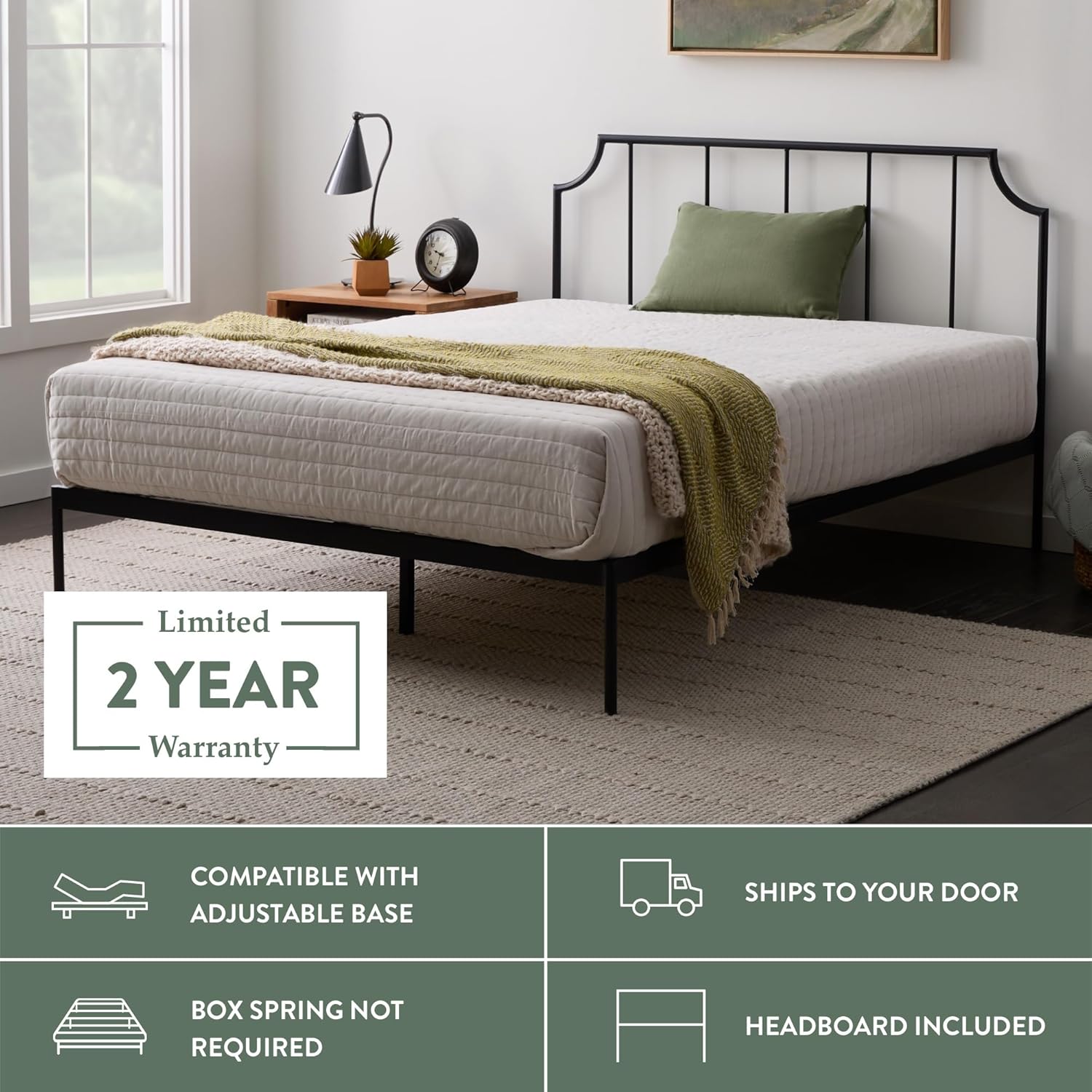 Edenbrook Sydney Platform Black Metal Bed - Vertical Bar Headboard with Scooped Accents - No Box Spring Needed - Under Bed Storage - Easy Assembly - Contemporary Iron Frame - Twin Size