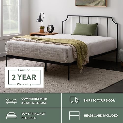 Miniatura 12 de Edenbrook Cassidy Marco de cama de plataforma de metal con cabecera de metal, no requiere somier, soporte de listones de madera, negro, tamaño Queen