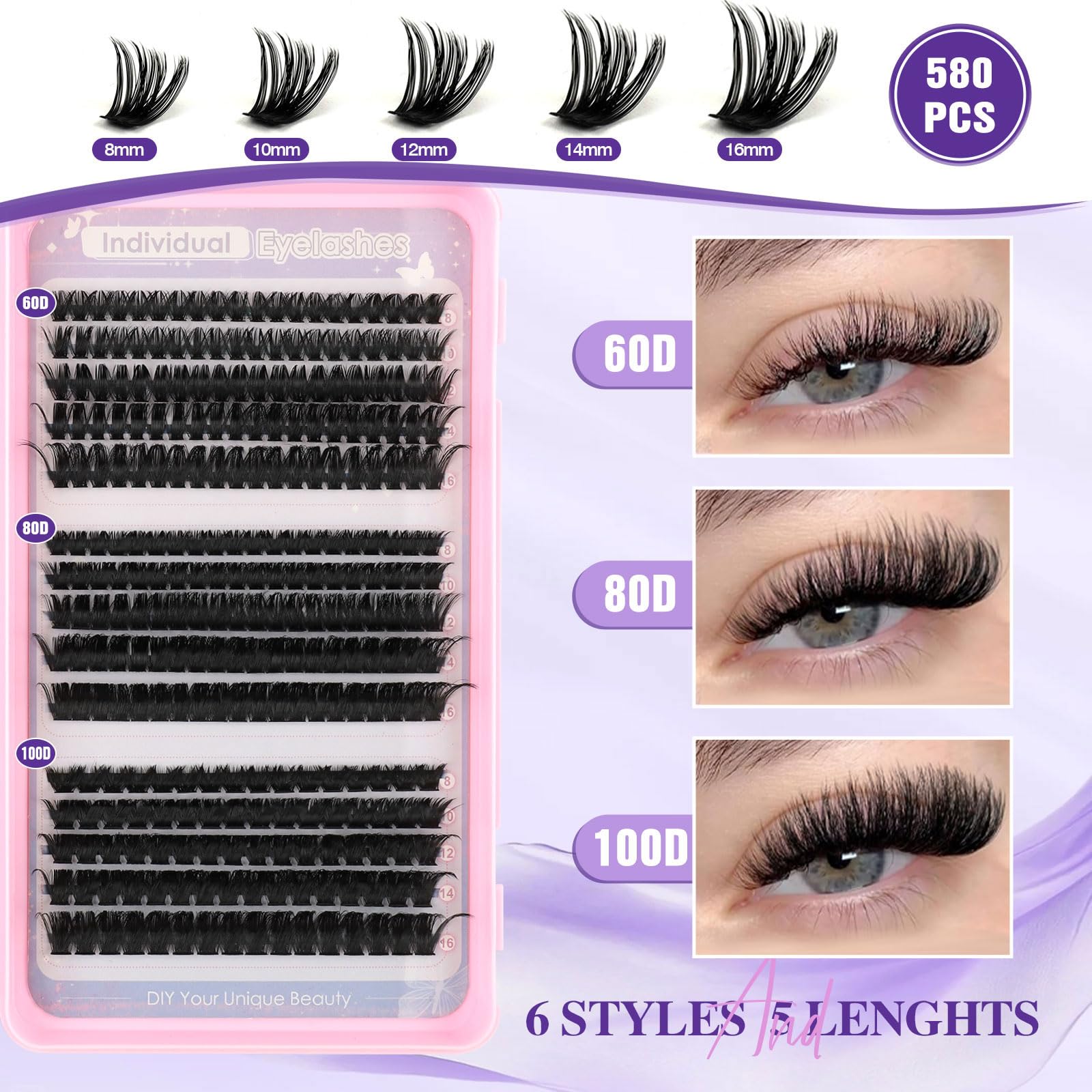 Sixstarhair Cluster Lashes Kit 580Pcs Individual Eyelashes with Bond and Remover D Curl Cluster Lashes Book 8-16mm Wispy Lash Clusters Natural Look DIY Eyelash Extension Kit (30D+40D+50D+60D+80D+100D) - Image 3