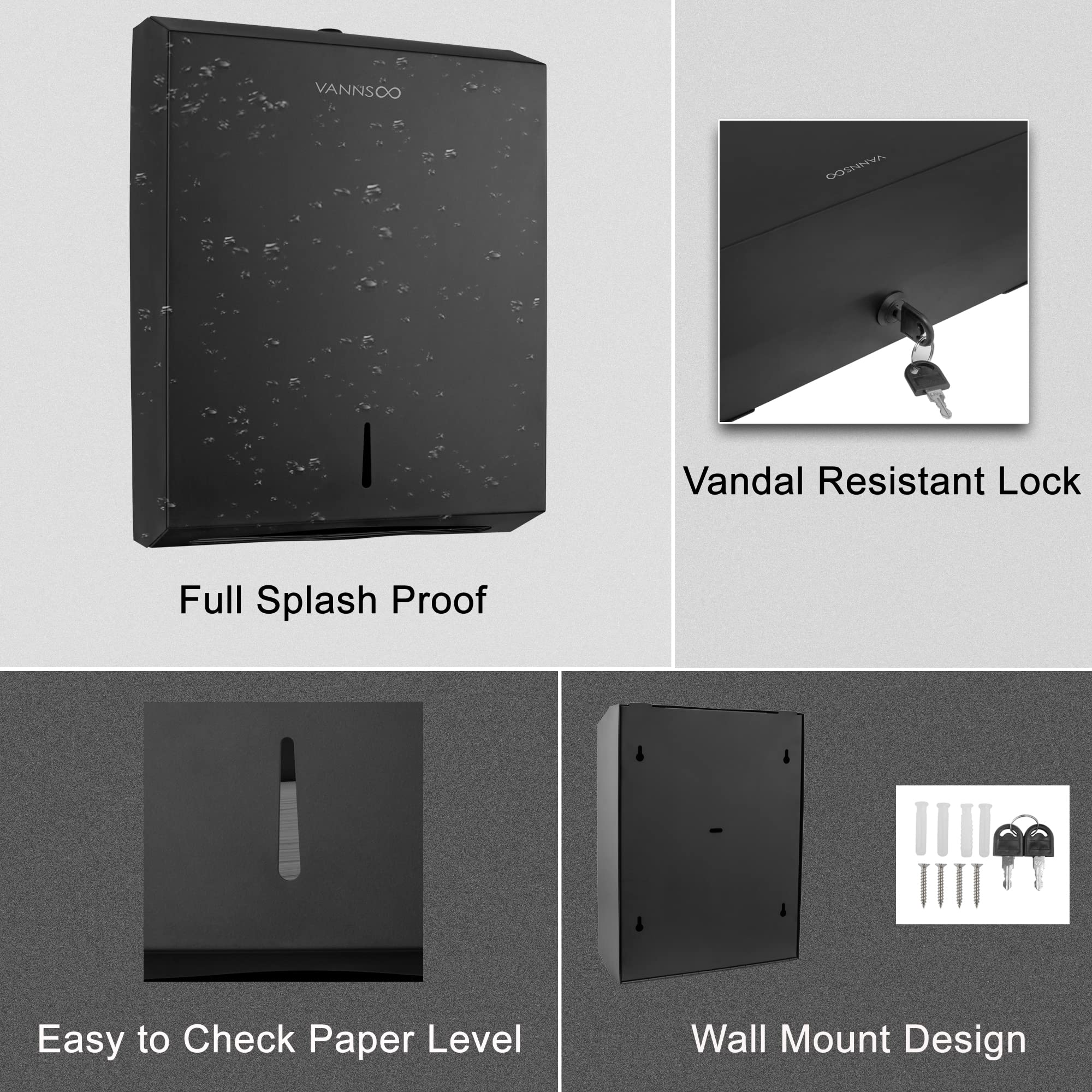 Dispensador de toallas de papel, acero inoxidable comercial, triple pliegue/plegable en C, soporte para toallas de papel, llave de montaje en pared (negro)
