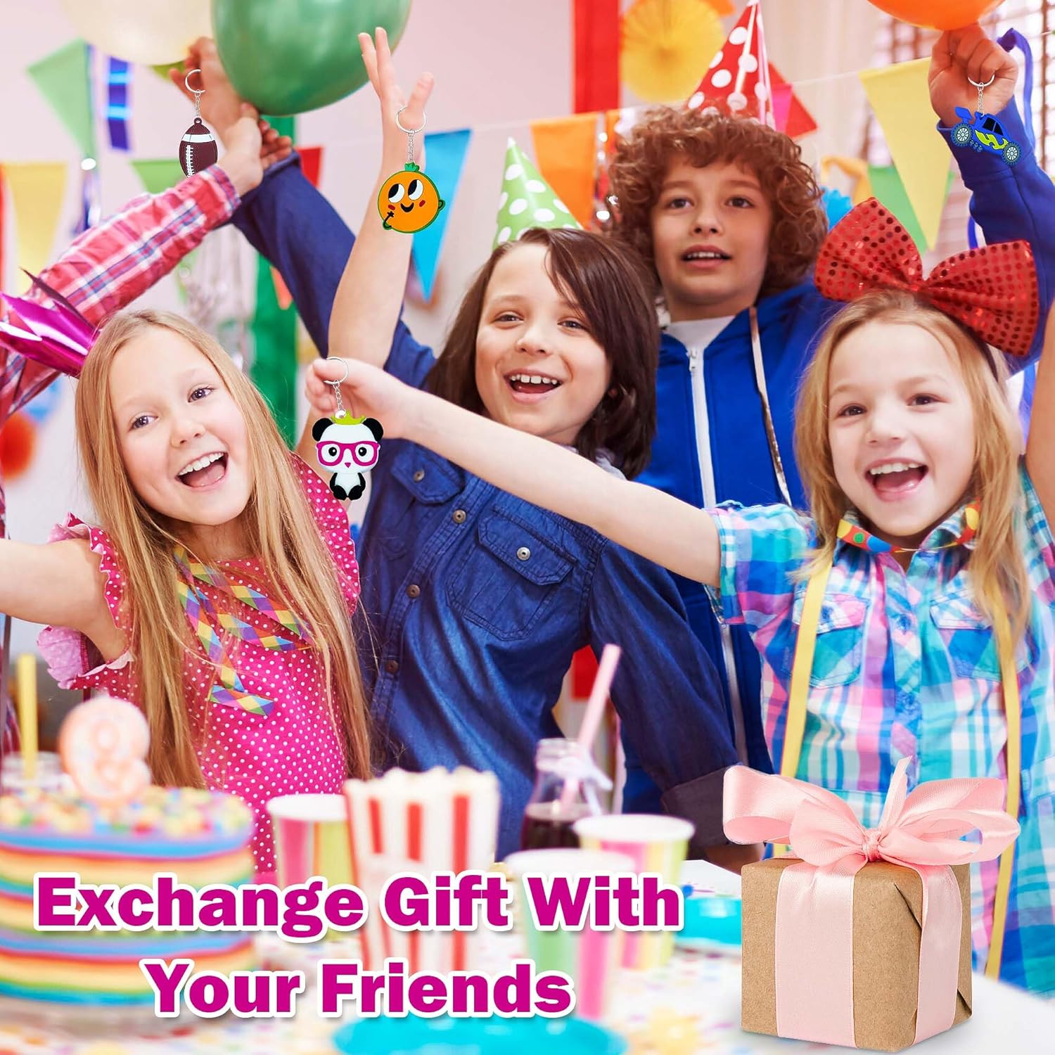 60PCS Cartoon Kids Keychains Bulk Party Favors for Kids Collectible Key Chains Ball,Donut, Sports,Truck,Fruits,Dessert,Glow-in-the-Dark Paintbrush Keychains School Day Birthday Christmas Supplies - Image 4