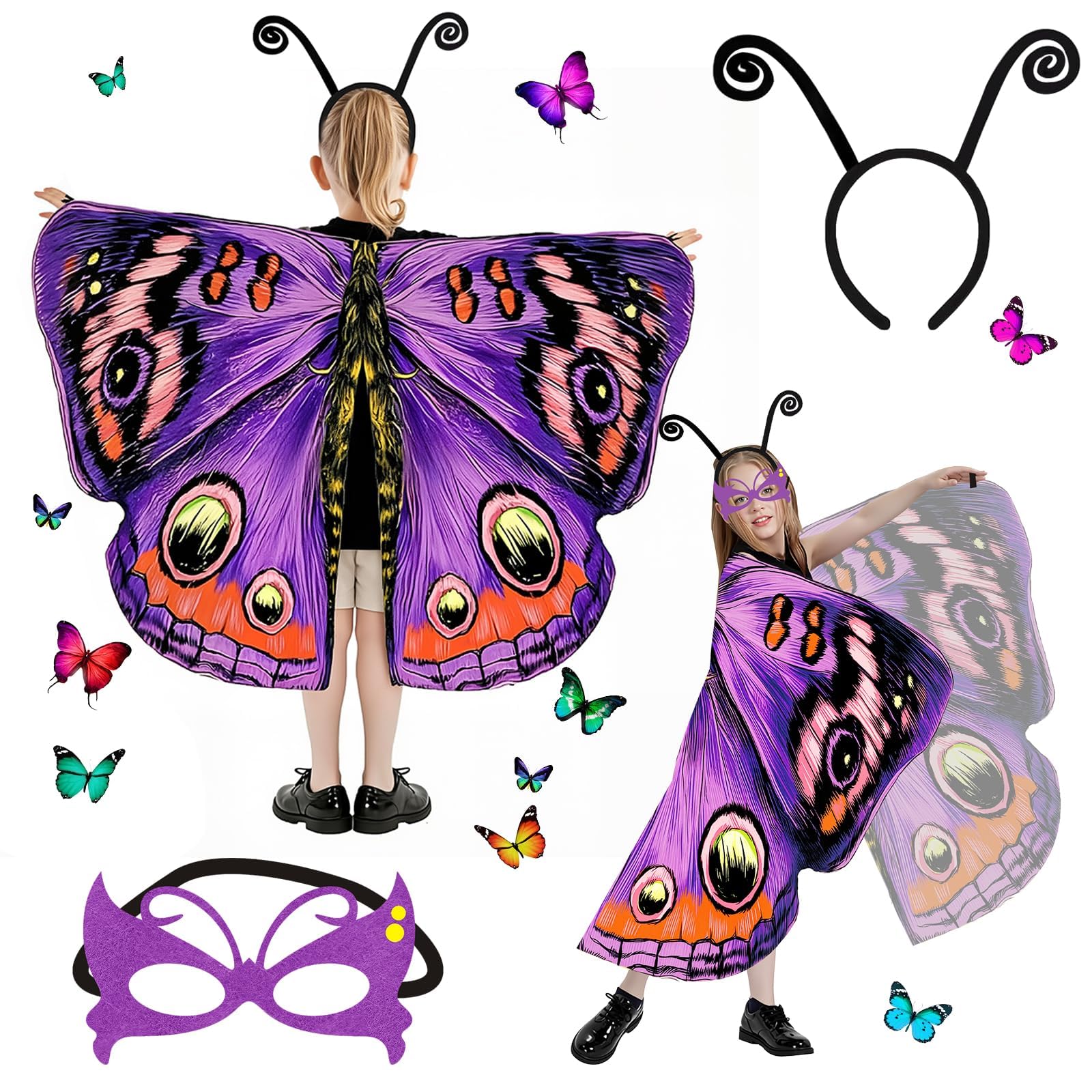 Disfraz Mariposa Niña, Alas Mariposa Disfraz con Máscara y Diadema, Suave y Transpirable, Capa de Alas para Navidad Carnaval Fiesta Pascua Cosplay - 3