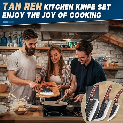 Miniatura 7 de TAN REN Juego de 3 cuchillos de carnicero para cortar carne, cuchillos forjados a mano con mango de madera, juego de cuchillos de parrilla para