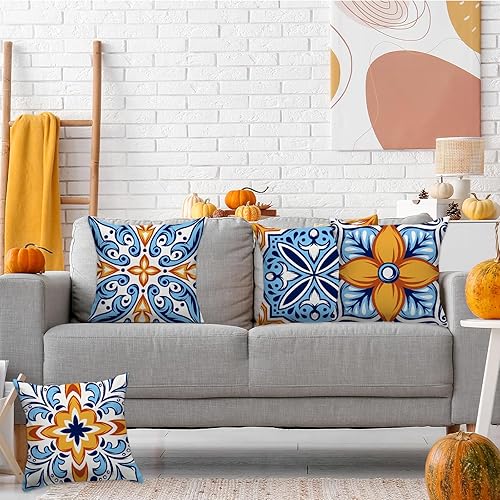 Miniatura 6 de Juego de 4 fundas de almohada mexicanas de talavera para exteriores, impermeables, para exteriores, 18 x 18 pulgadas, diseño de geometría exótica