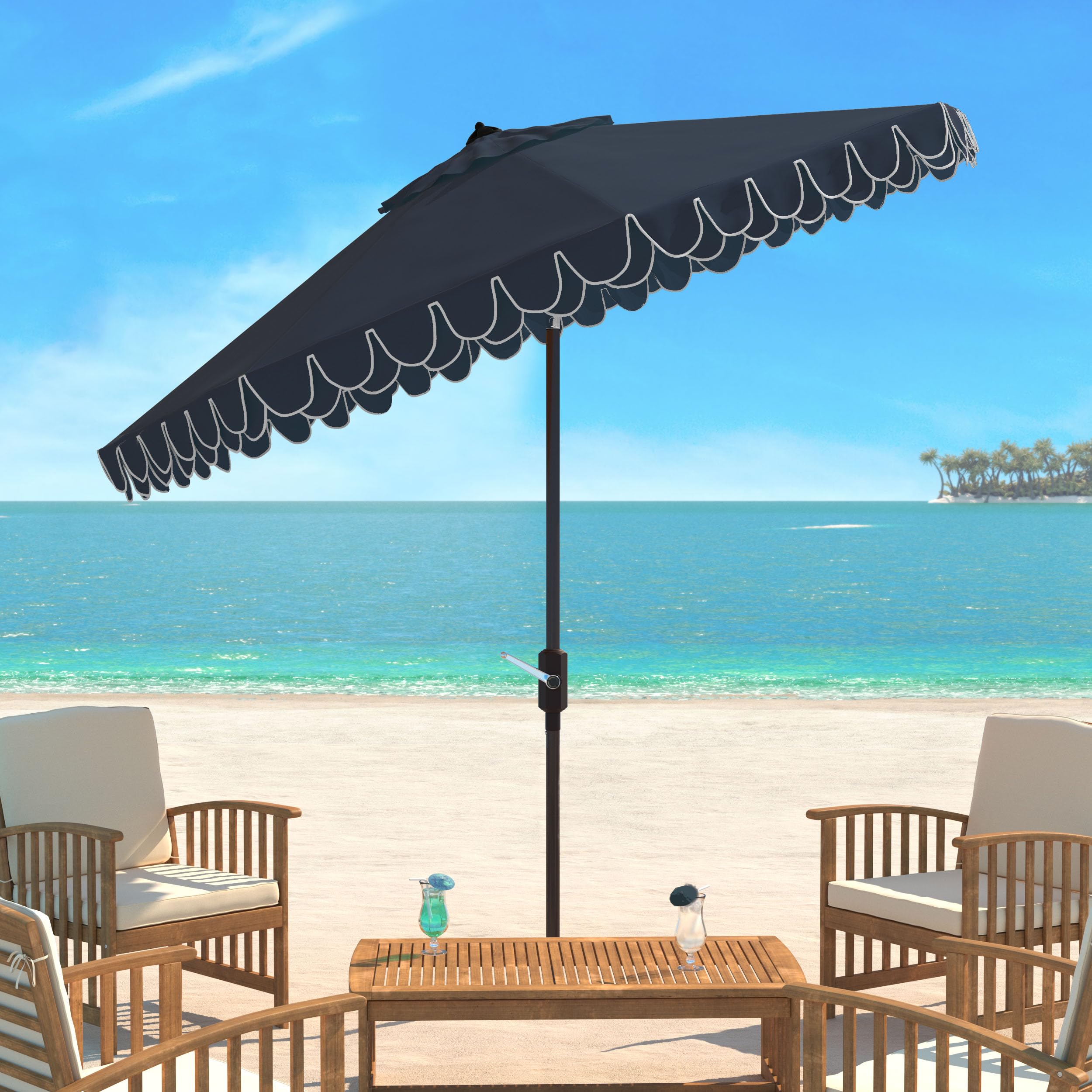 SAFAVIEH Outdoor - Valance 9-Foot Crank Patio Umbrella - Navy & White Canopy - Brown Aluminum Pole - Decorative Petal Valance Trim