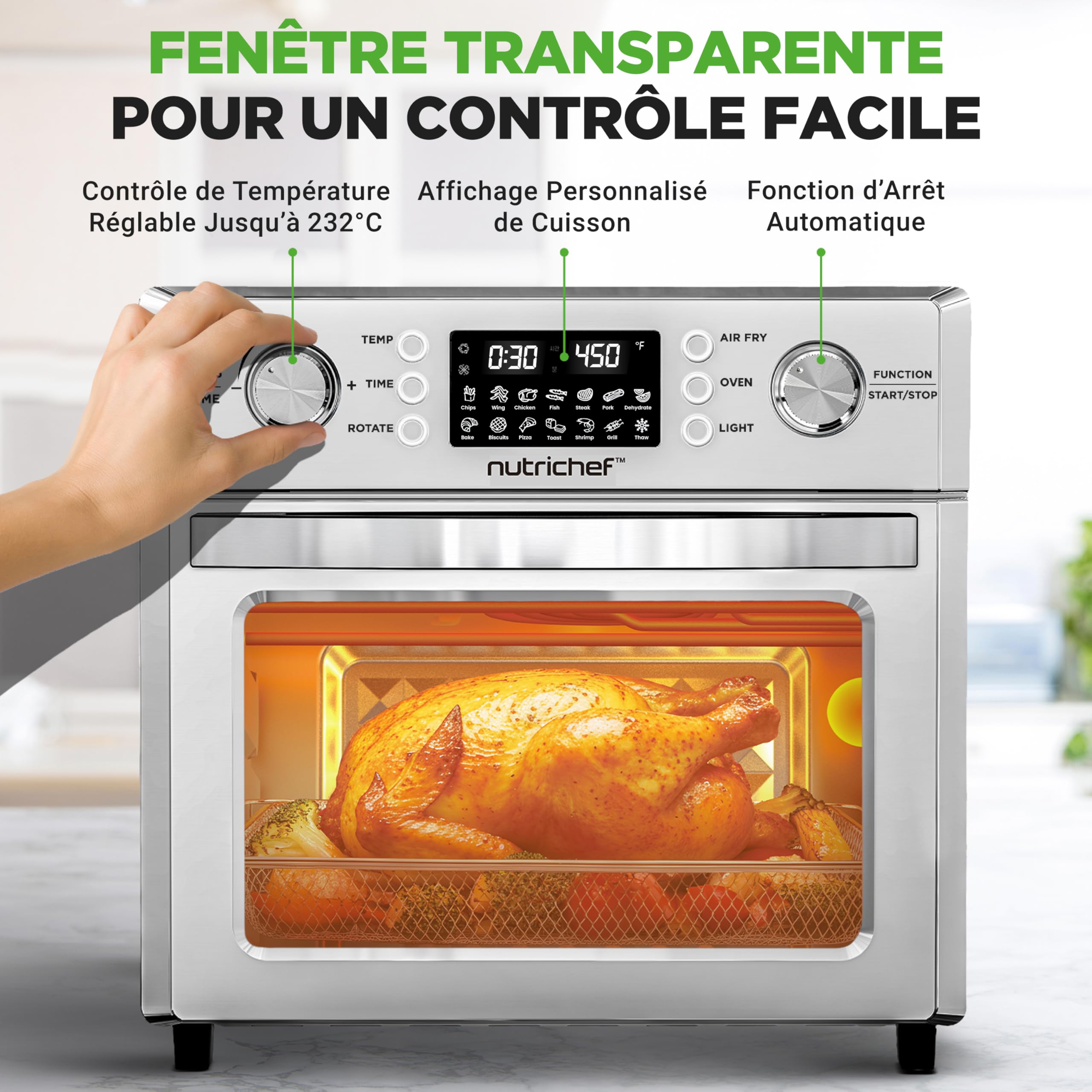 NutriChef Four Friteuse à Air Chaud 26L–Friteuse à Air Électrique 1700W avec Rôtissoire, Mini Four de Comptoir à Convection,10 Programmes, Panier de Friture,Grille de Cuisson & Plateau Ramasse-Miettes