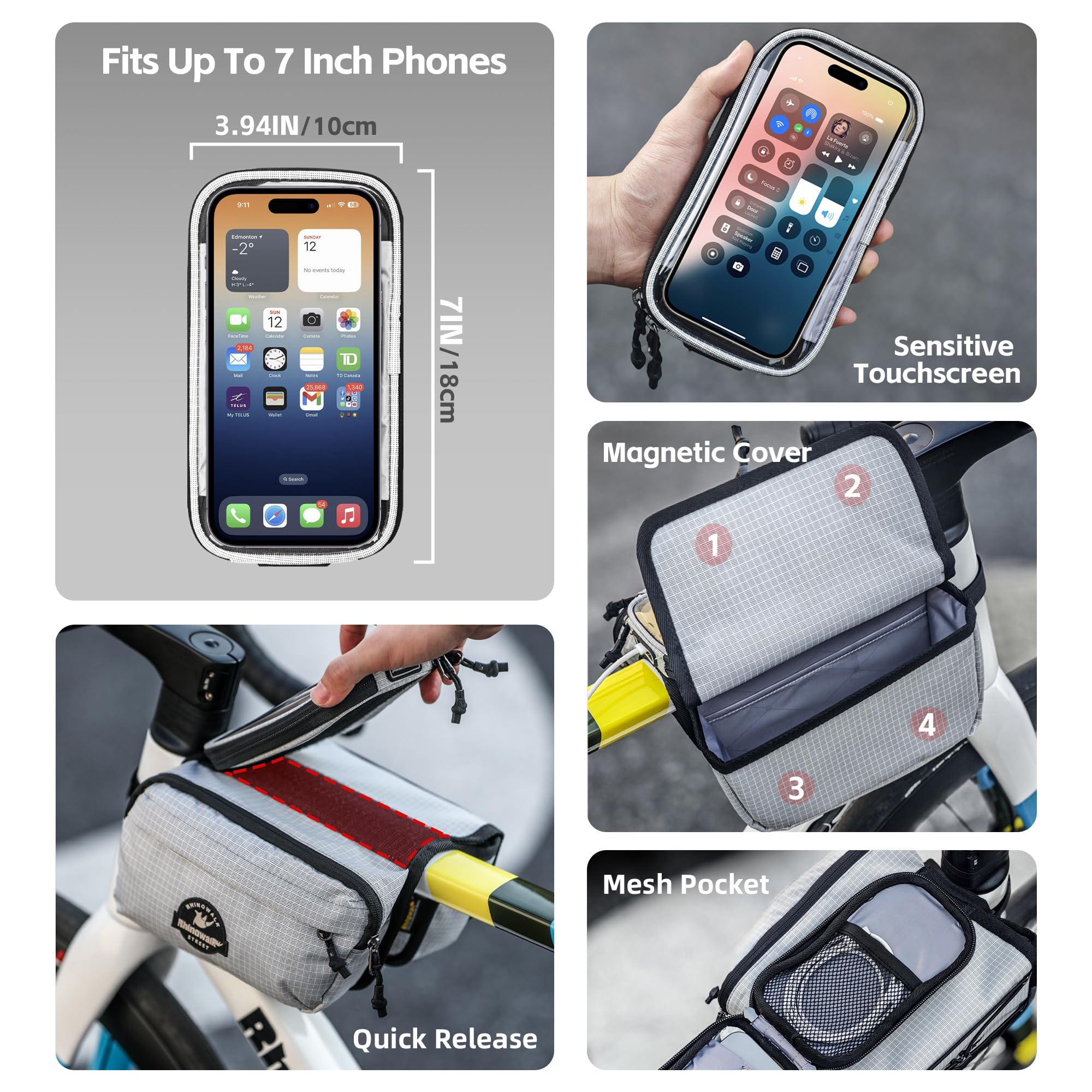 Rhinowalk Fahrrad Rahmentasche mit Handyhalter – wasserdichte Oberrohrtasche mit Regenschutz, Doppelseitige Aufbewahrung mit Reißverschluss & Magnetverschluss, Touchscreen Handyhülle (Schwarz)