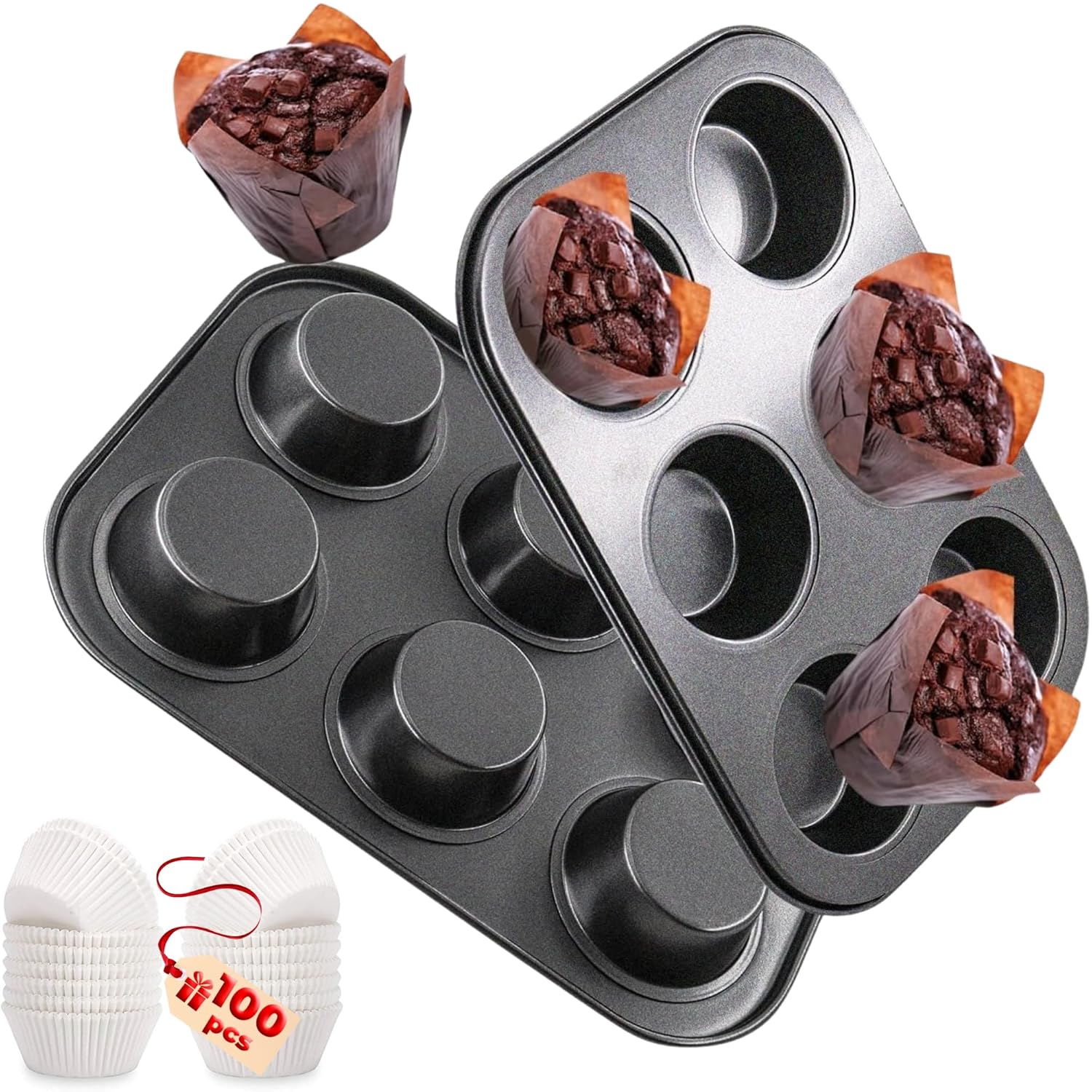 PureBake Muffin Tray with 6 Cavities and 100 Muffin Liners – SGS Certified Non-Stick Bakeware, Oven Safe, Microwave Safe, Dishwasher Safe, Carbon Steel Cupcake Mould for Baking – 1PCS, Black
